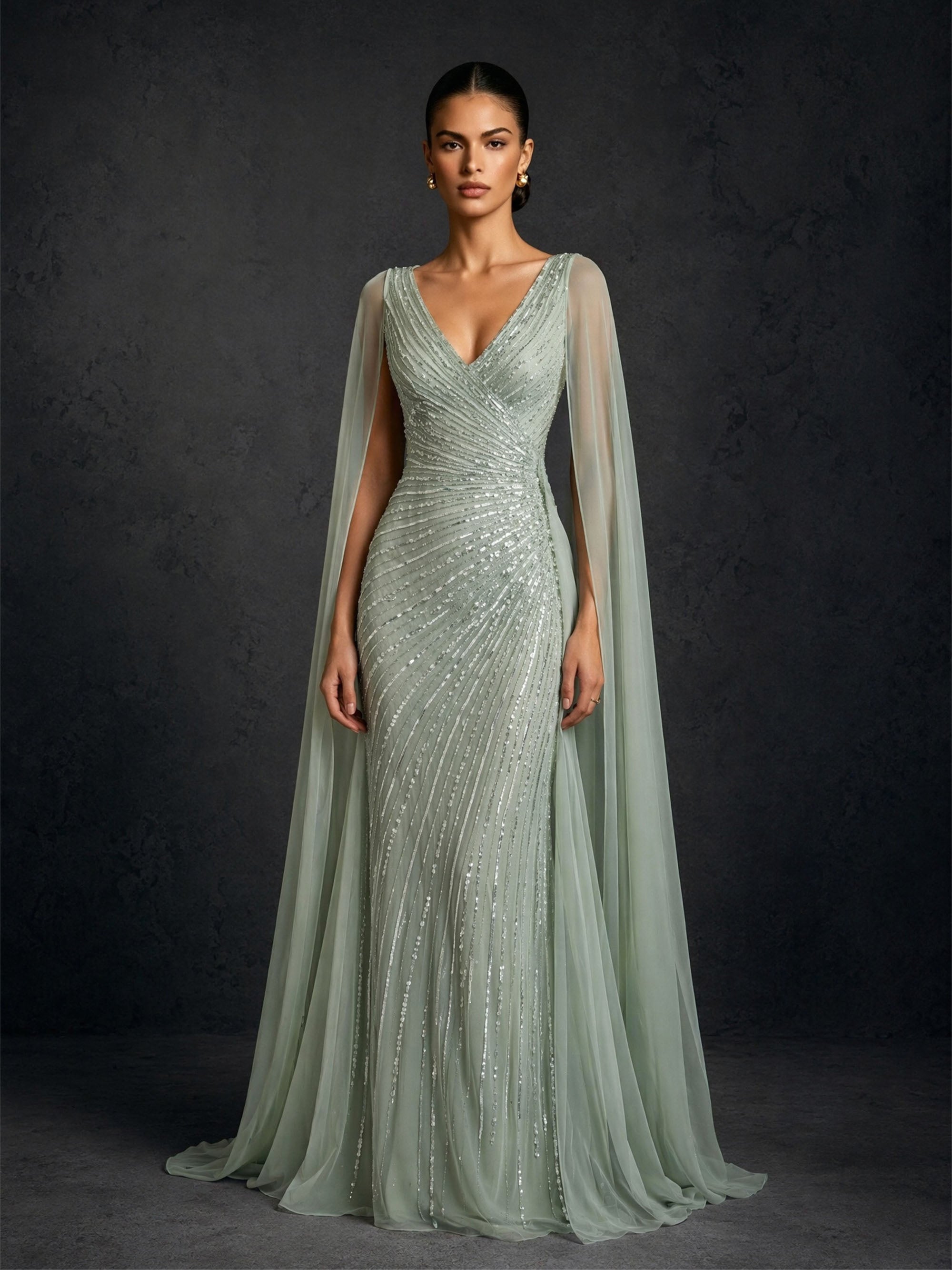 BOLODOO BD0366 sage green sequin gown - close-up of V-neckline, sequin embroidery and sheer cape sleeve detail