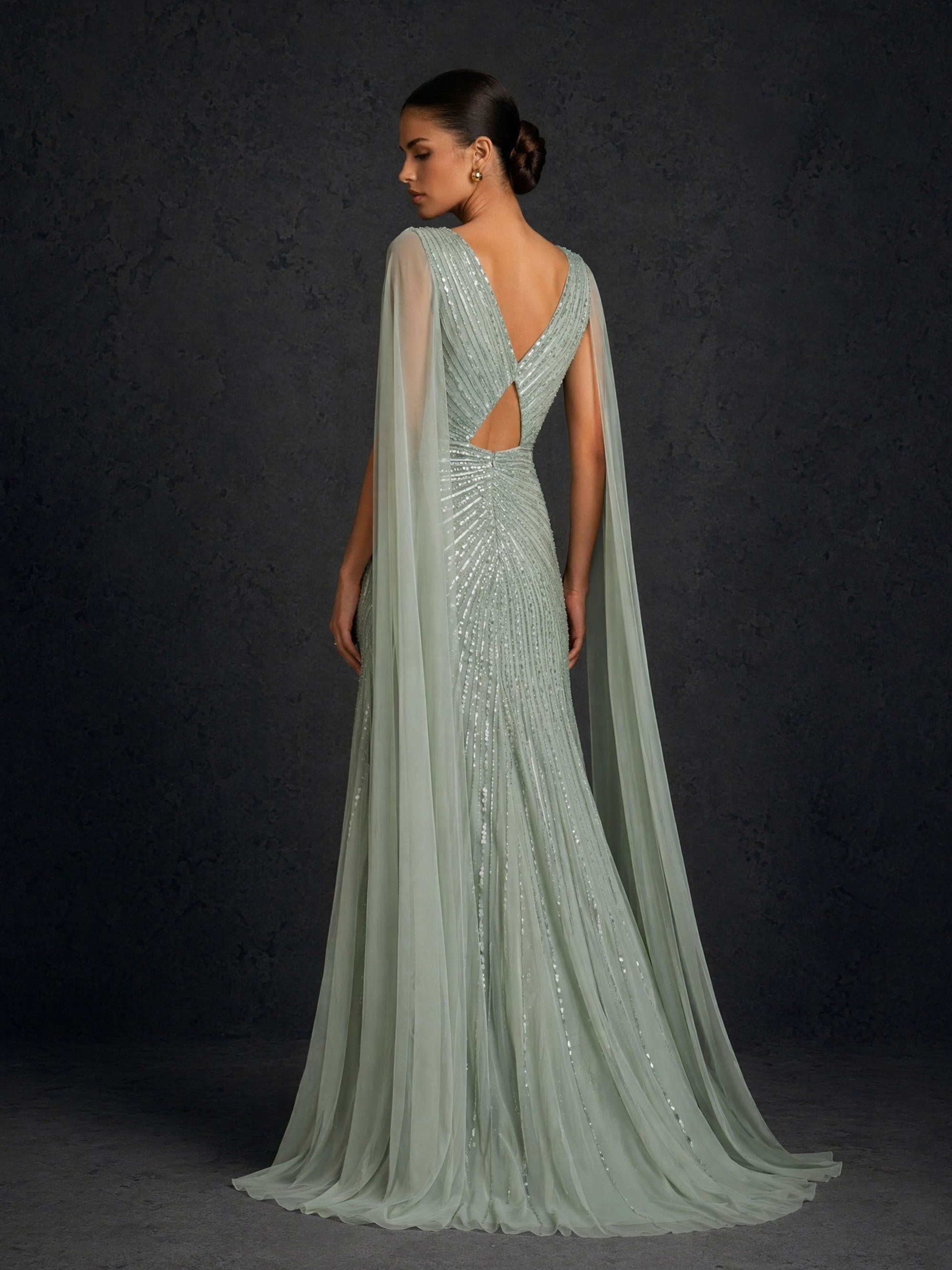 BOLODOO BD0366 sage green sequin mermaid gown - back view showing open back keyhole cutout and cape sleeves