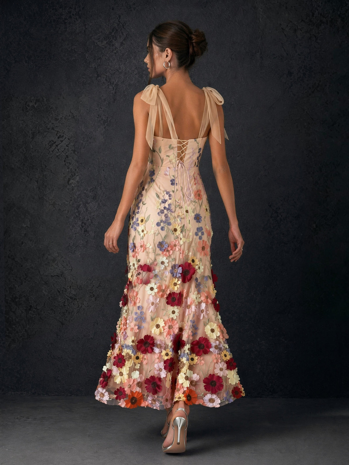 BOLODOO Champagne 3D Floral Embroidered Tie-Shoulder Backless Midi Dress | BD0367 