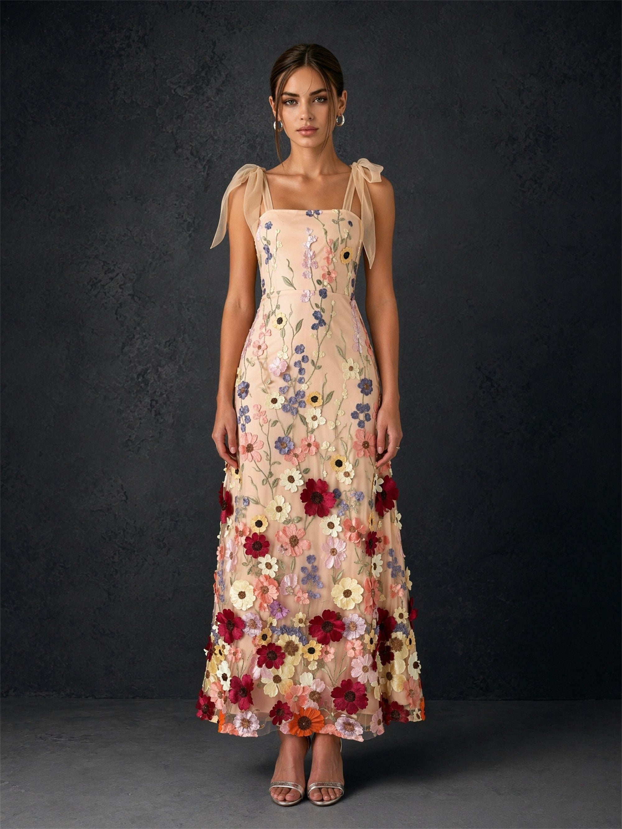 BOLODOO BD0367 champagne 3D floral midi dress - front full-length view showing A-line silhouette and multicolor floral embroidery