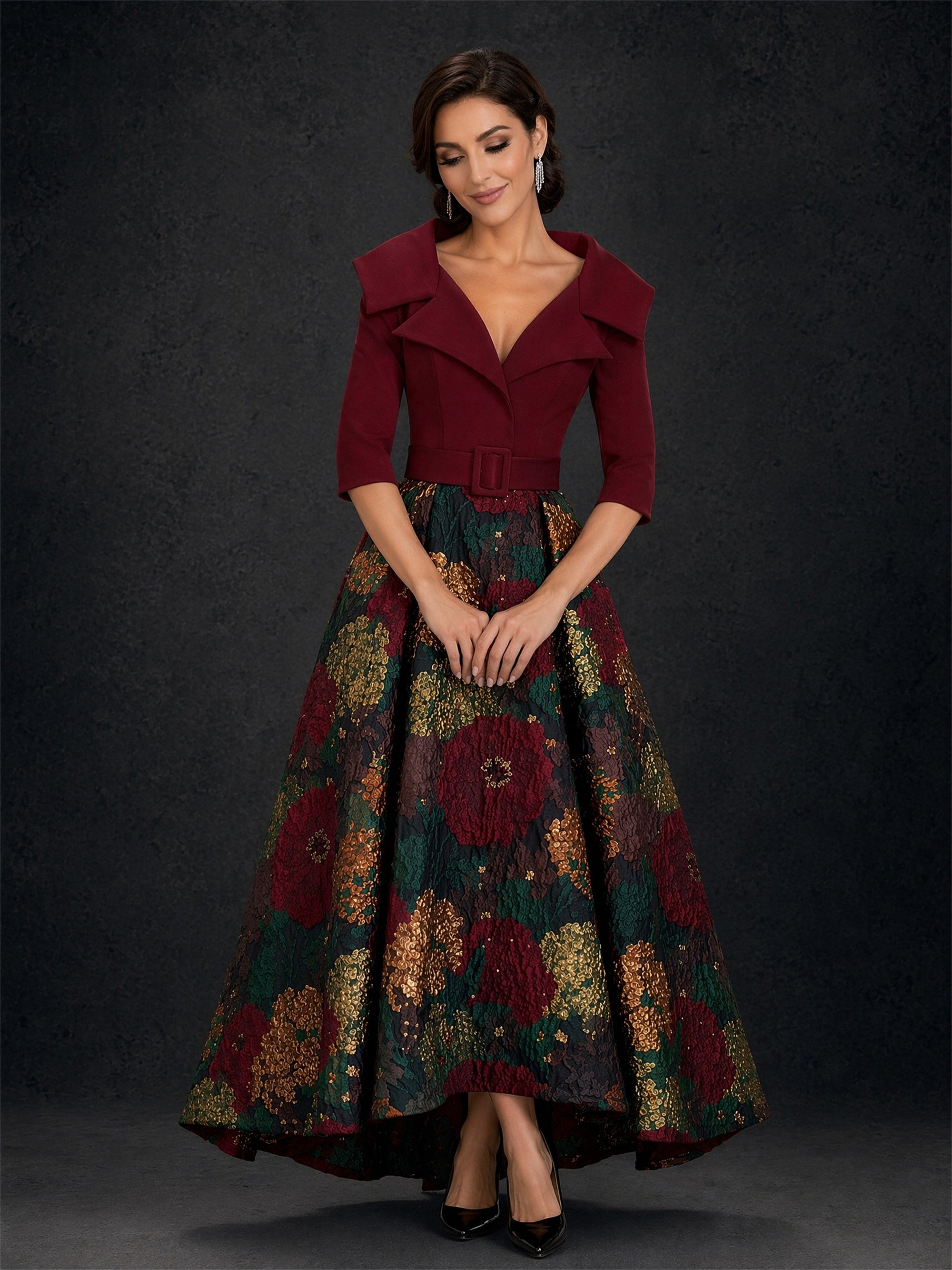 BOLODOO BD0368 burgundy jacquard high-low gown - front view showing deep V-neck lapel, 3/4 sleeves and floral ball skirt
