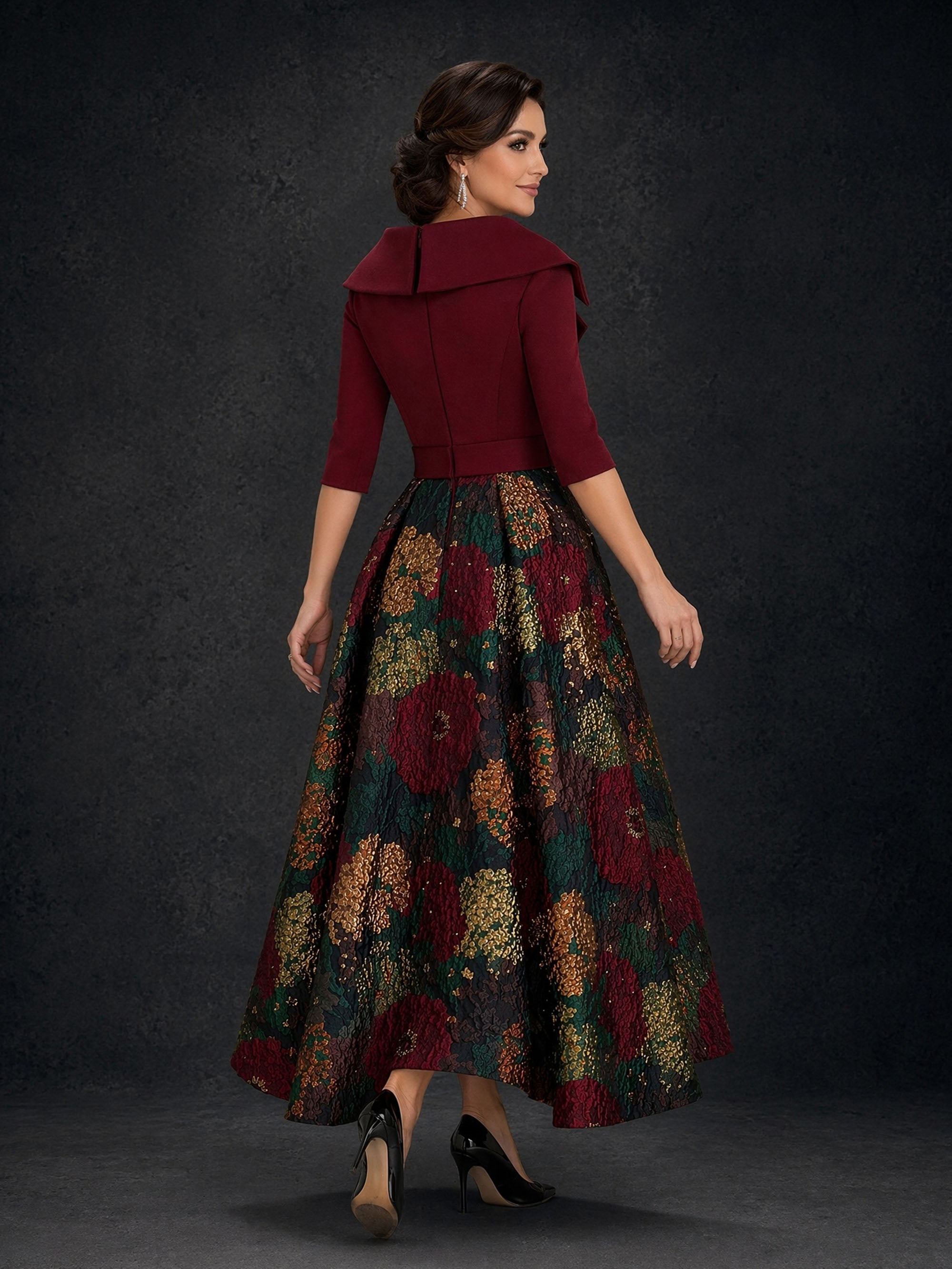 BOLODOO BD0368 burgundy jacquard formal gown - front full-length view with self-belt and voluminous floral jacquard skirt