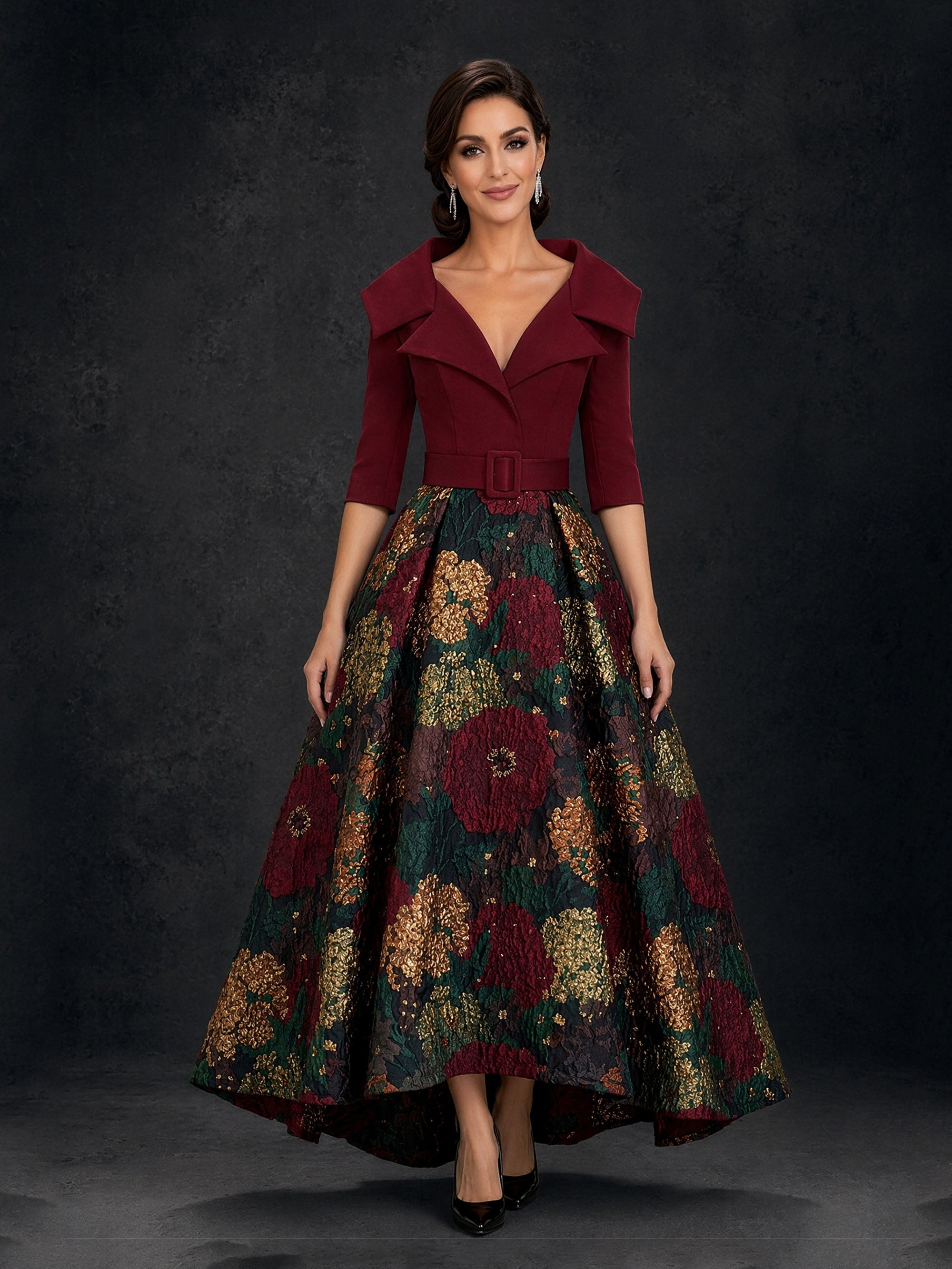BOLODOO BD0368 burgundy jacquard gown - back view showing covered back, 3/4 sleeves and dramatic floor-length skirt sweep