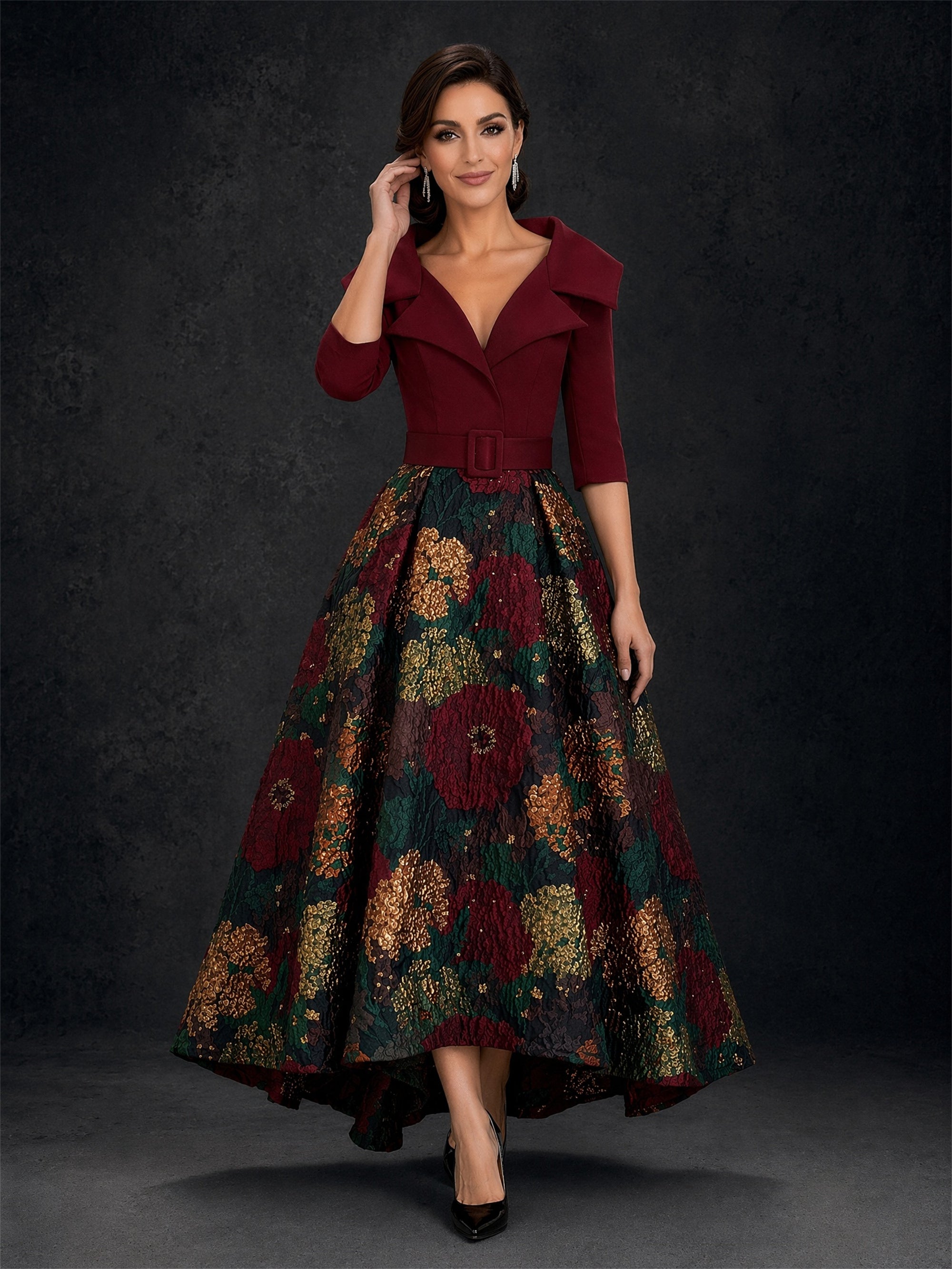 BOLODOO BD0368 burgundy jacquard gown - angled front view showing high-low hem and multicolor floral brocade detail