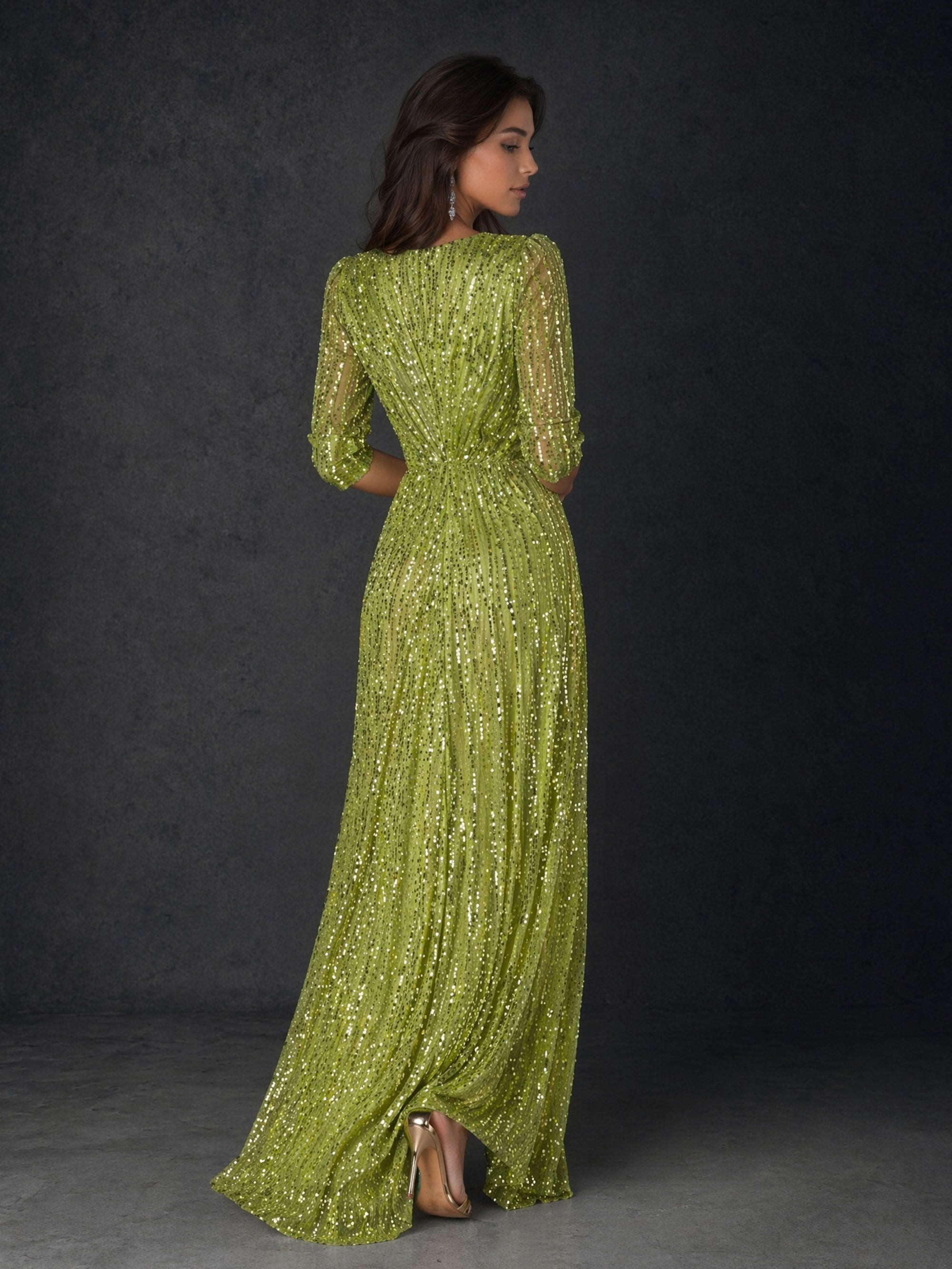 BOLODOO BD0369 olive green sequin evening gown - front close-up showing deep wrap V-neckline, ruched bodice and 3/4 sequin mesh sleeves