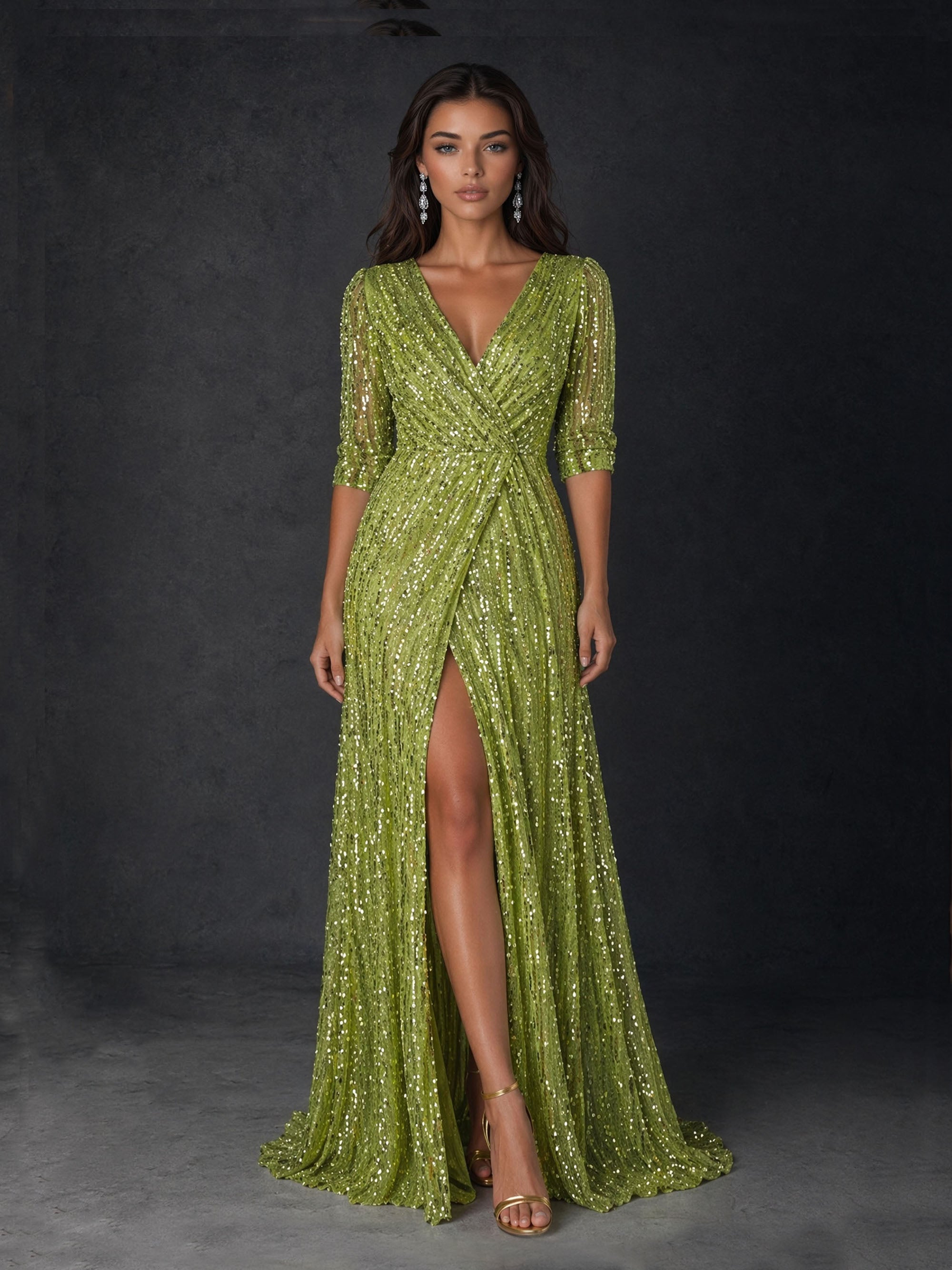 BOLODOO BD0369 olive green sequin gown - back view showing covered back, 3/4 sleeves and full-length vertical stripe sequin detail