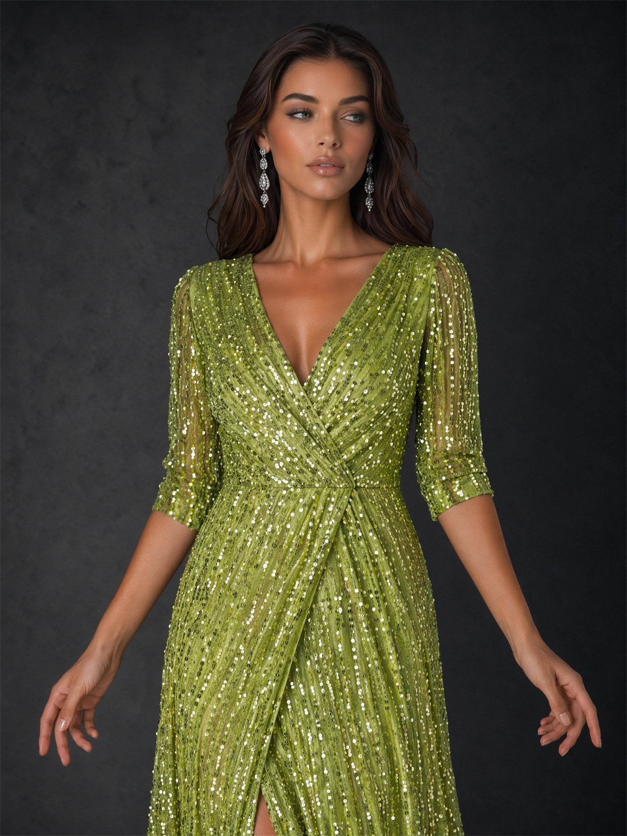 BOLODOO BD0369 olive green sequin gown - front full-length view showing A-line silhouette, front thigh slit and floor-length hem