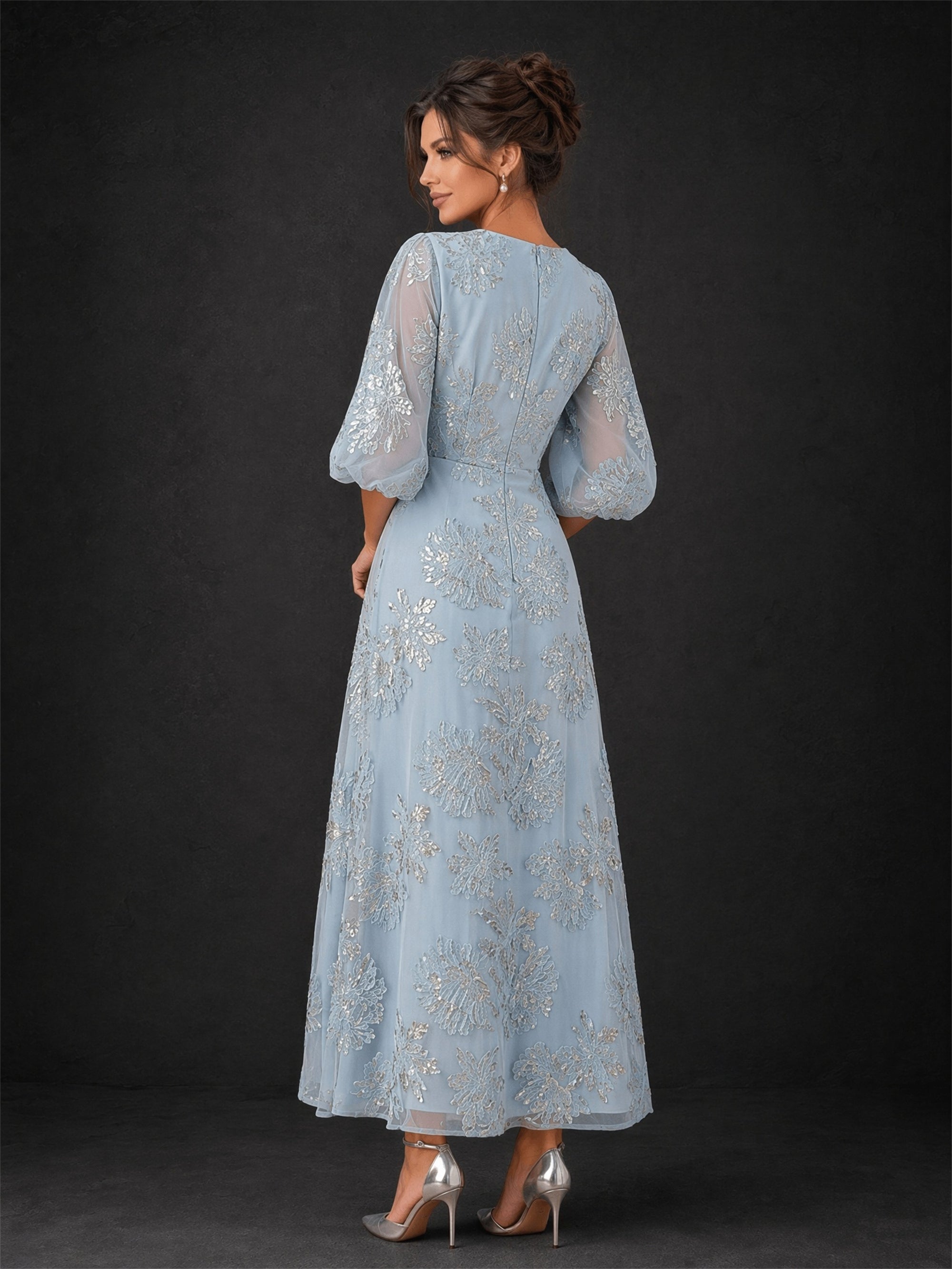 BOLODOO BD0370 dusty blue floral sequin maxi dress - front full-length view showing V-neck, puff sleeves and A-line silhouette