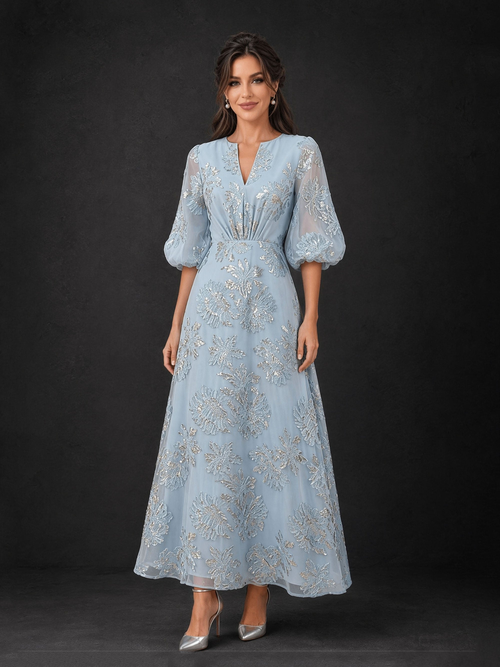 BOLODOO BD0370 dusty blue sequin maxi dress - back view showing covered back, center zip and puff sleeve detail