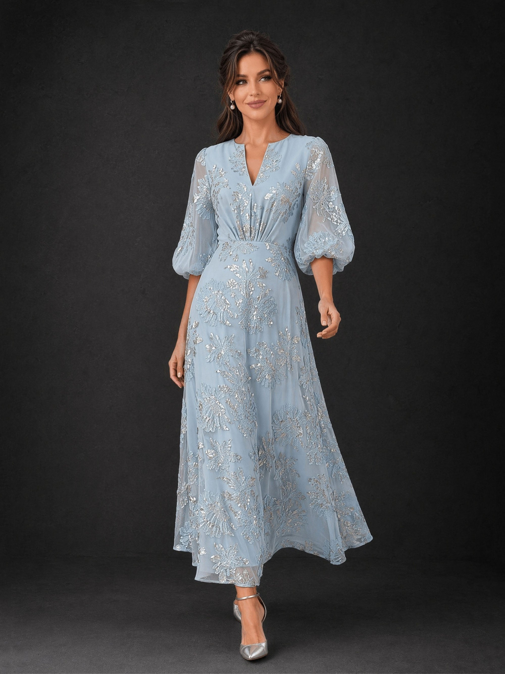 BOLODOO BD0370 dusty blue floral sequin dress - close-up of V-neckline, puff sleeve and silver sequin floral embroidery on chiffon