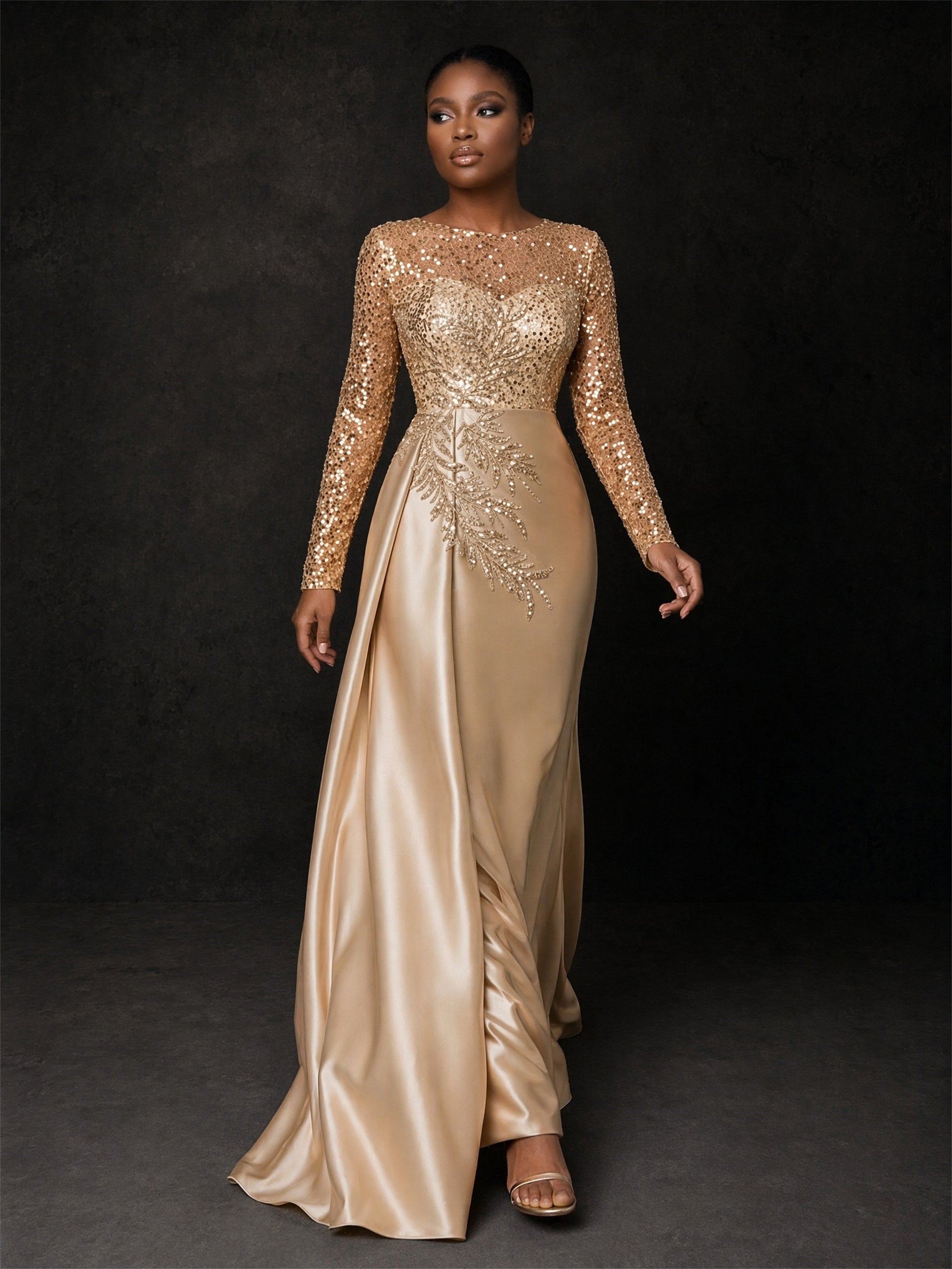 BOLODOO BD0371 gold sequin satin gown - front three-quarter view showing full-length long sleeves and flowing champagne satin skirt