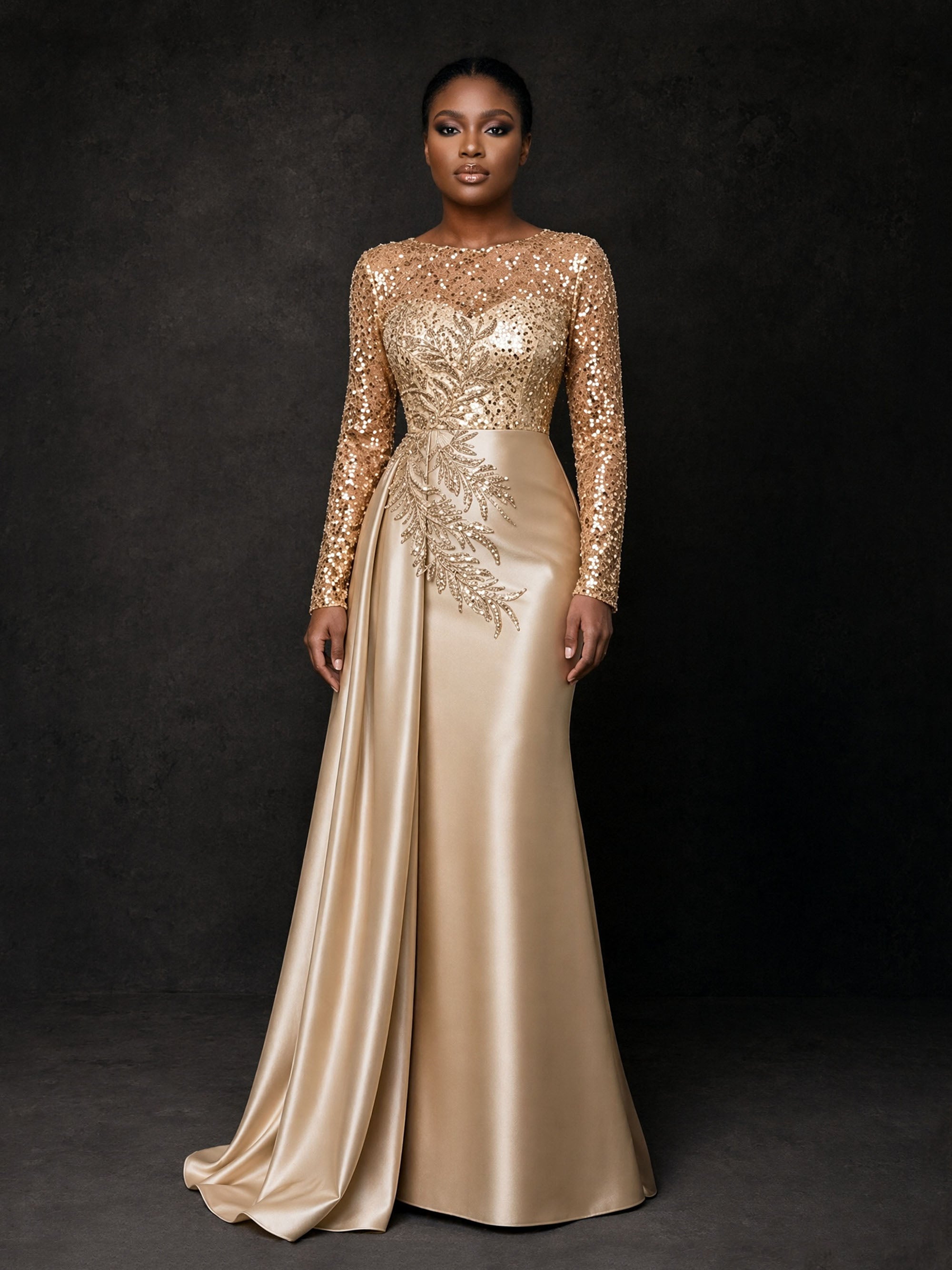 BOLODOO BD0371 gold sequin evening gown - back view showing covered back, center zip closure and full-length sequin sleeves