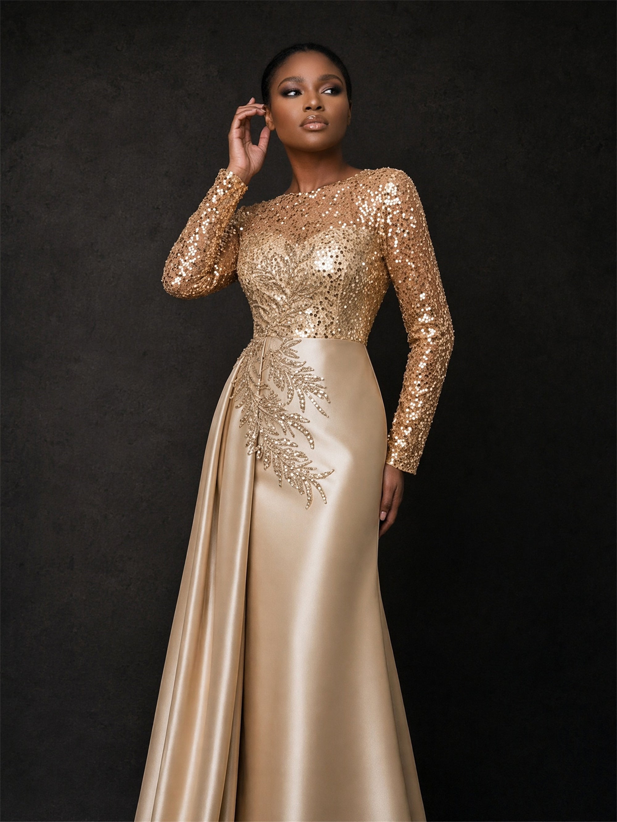 BOLODOO BD0371 gold sequin gown - front close-up showing illusion bateau neckline, sequin bodice and crystal beaded leaf appliqué detail