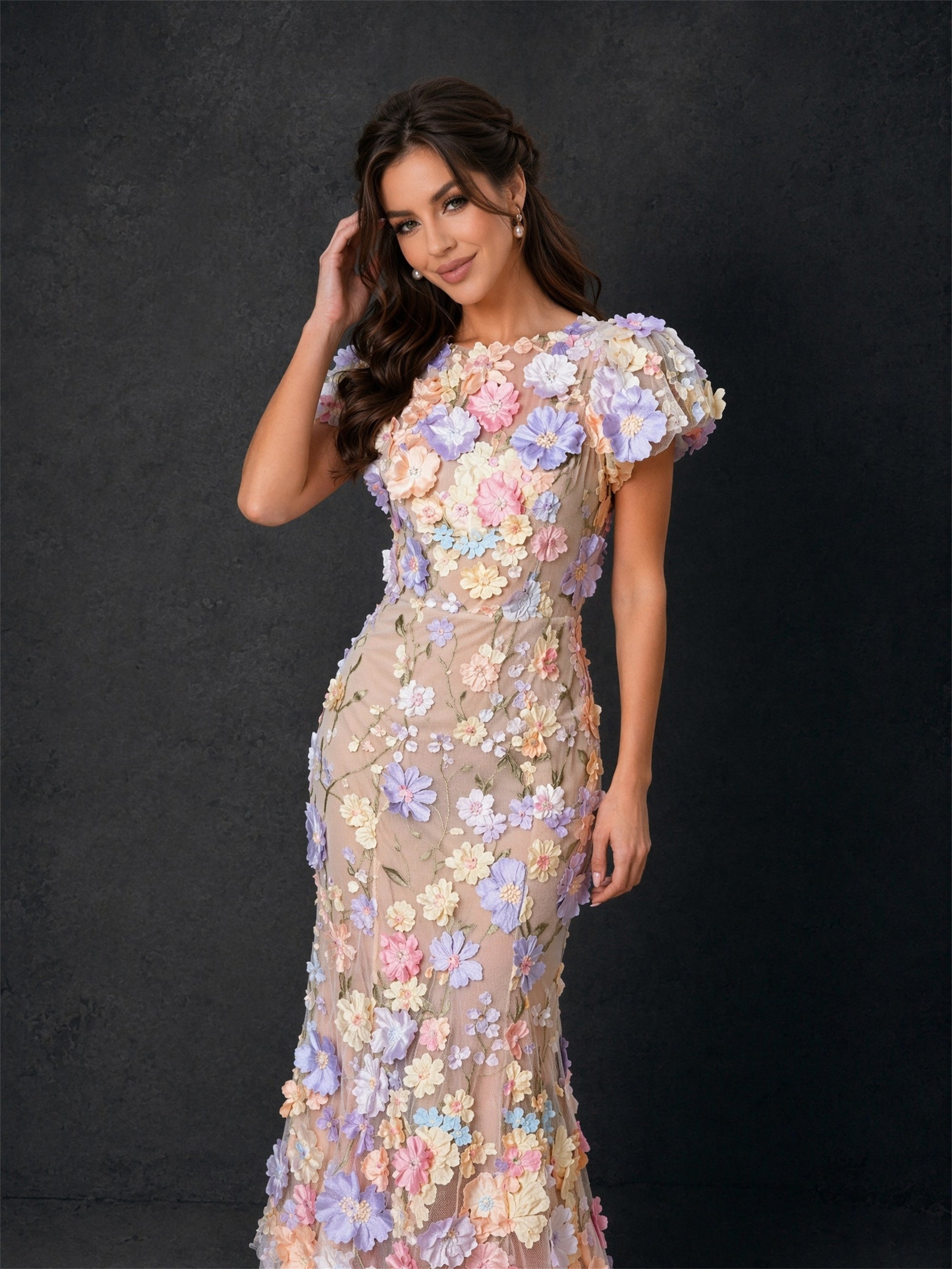 BOLODOO BD0372 champagne pastel 3D floral dress - close-up of round neckline, puff sleeves and lavender blush peach floral appliqué bodice