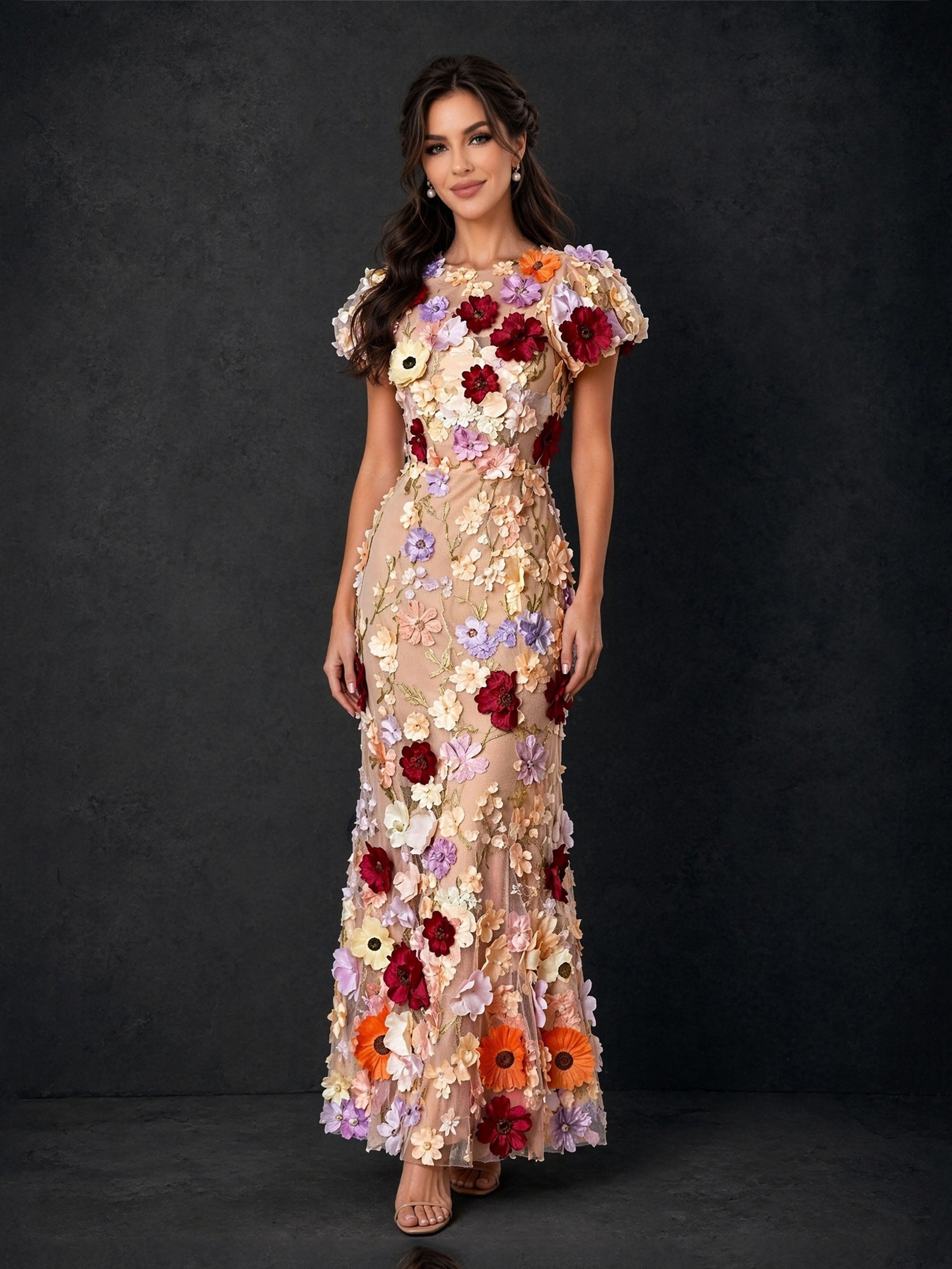 BOLODOO BD0372 champagne 3D floral maxi dress - front full-length view showing fitted column silhouette and all-over multicolor floral appliqué