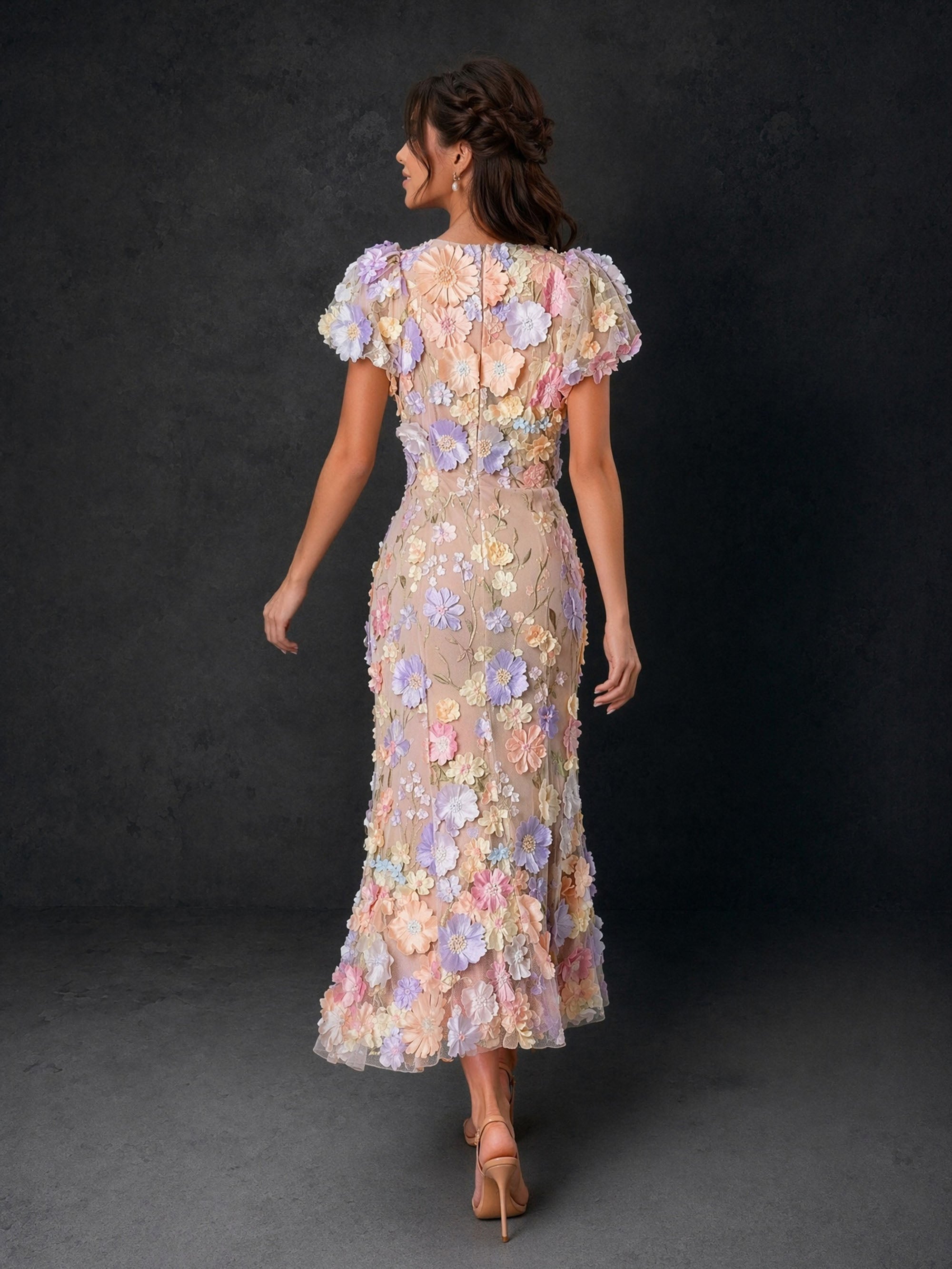 BOLODOO BD0372 champagne pastel 3D floral midi dress - back view showing covered back, center zip, flutter puff sleeves and flared hem