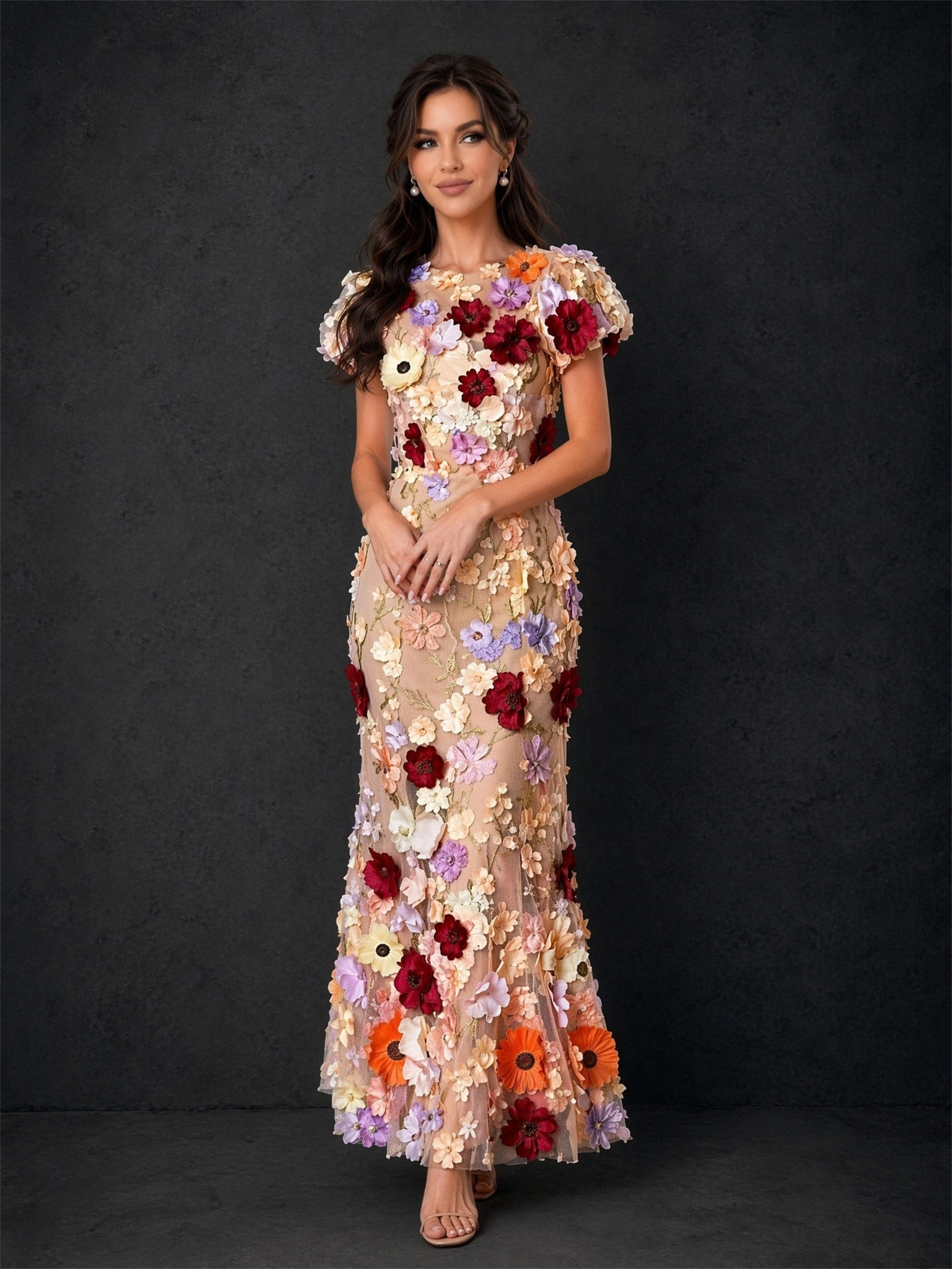 BOLODOO BD0372 champagne 3D floral maxi dress - front full-length view with orange and lavender floral hem detail