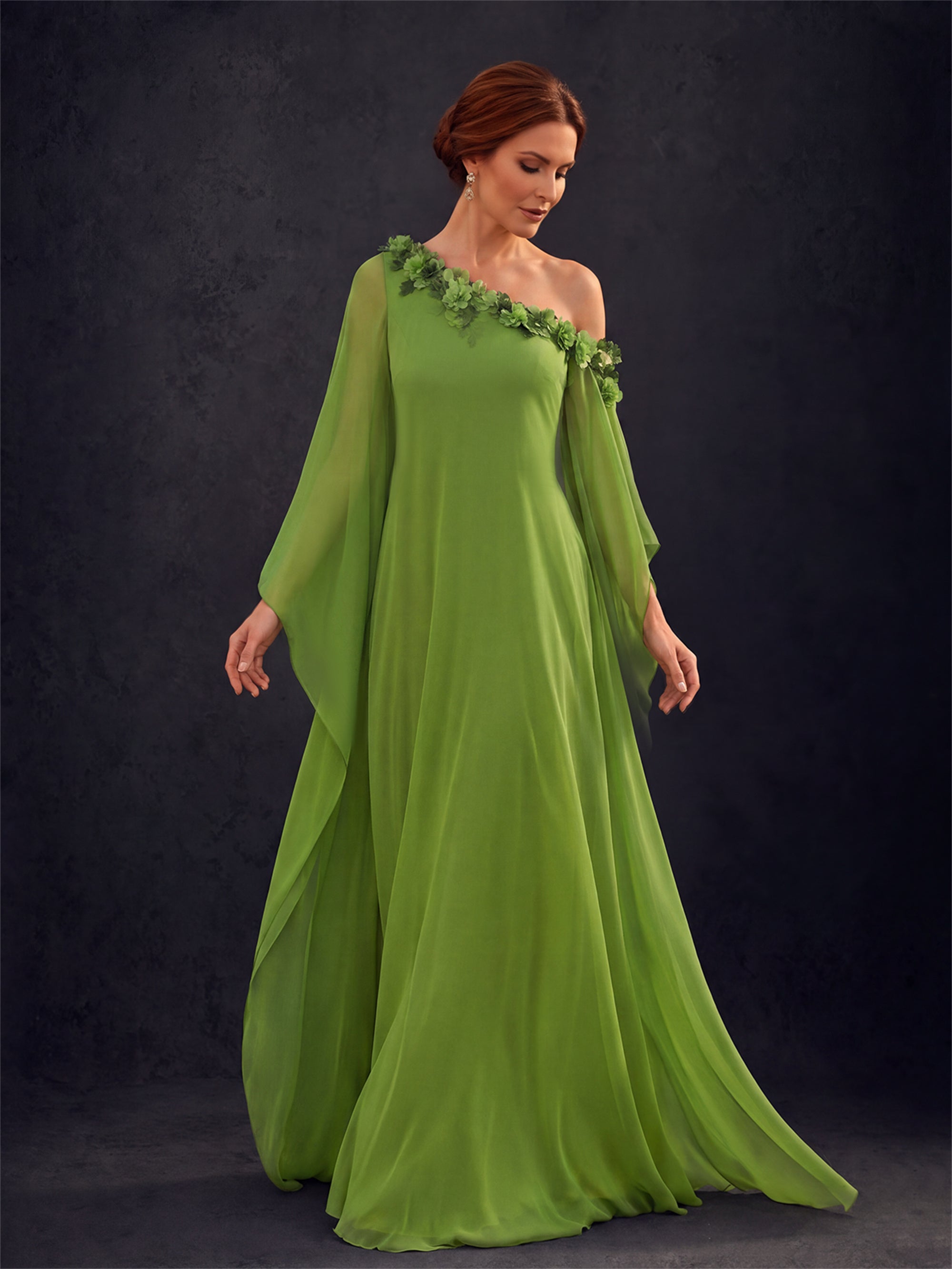 BOLODOO Olive Green 2-Piece Set: Off-Shoulder 3D Floral Cape Gown & One-Shoulder Wide-Leg Jumpsuit | BD0373 