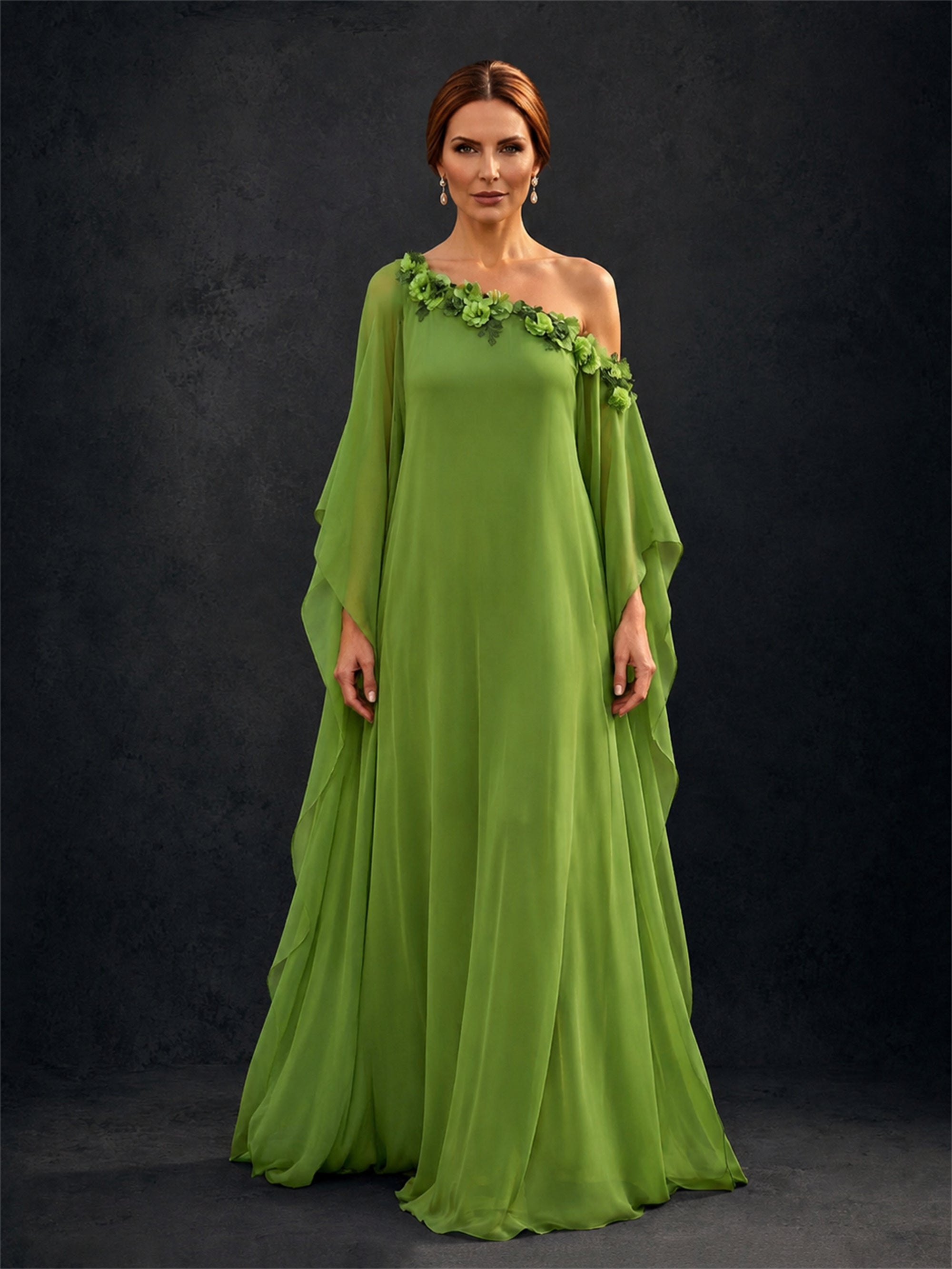 BOLODOO Olive Green 2-Piece Set: Off-Shoulder 3D Floral Cape Gown & One-Shoulder Wide-Leg Jumpsuit | BD0373 