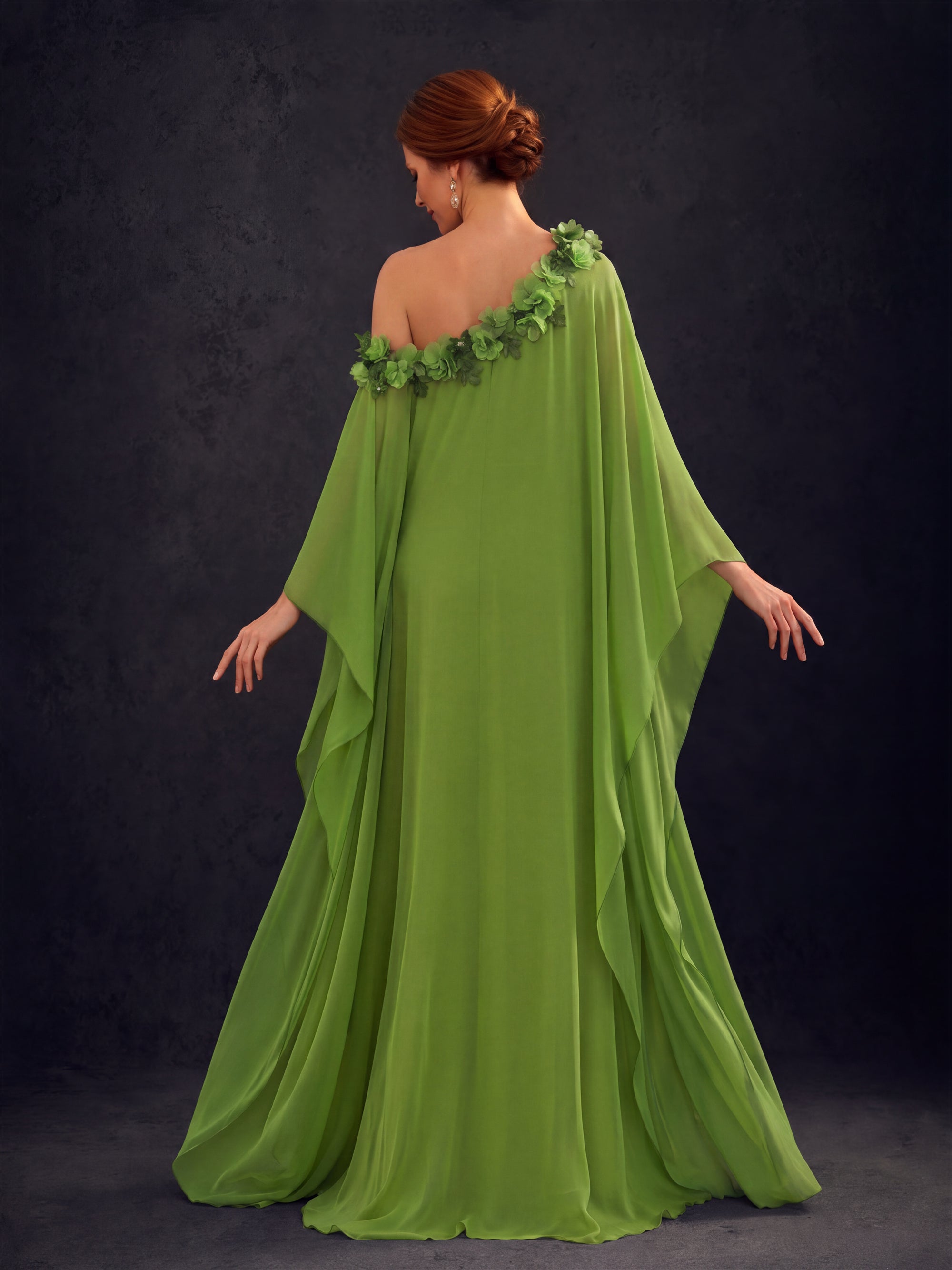 BOLODOO Olive Green 2-Piece Set: Off-Shoulder 3D Floral Cape Gown & One-Shoulder Wide-Leg Jumpsuit | BD0373 