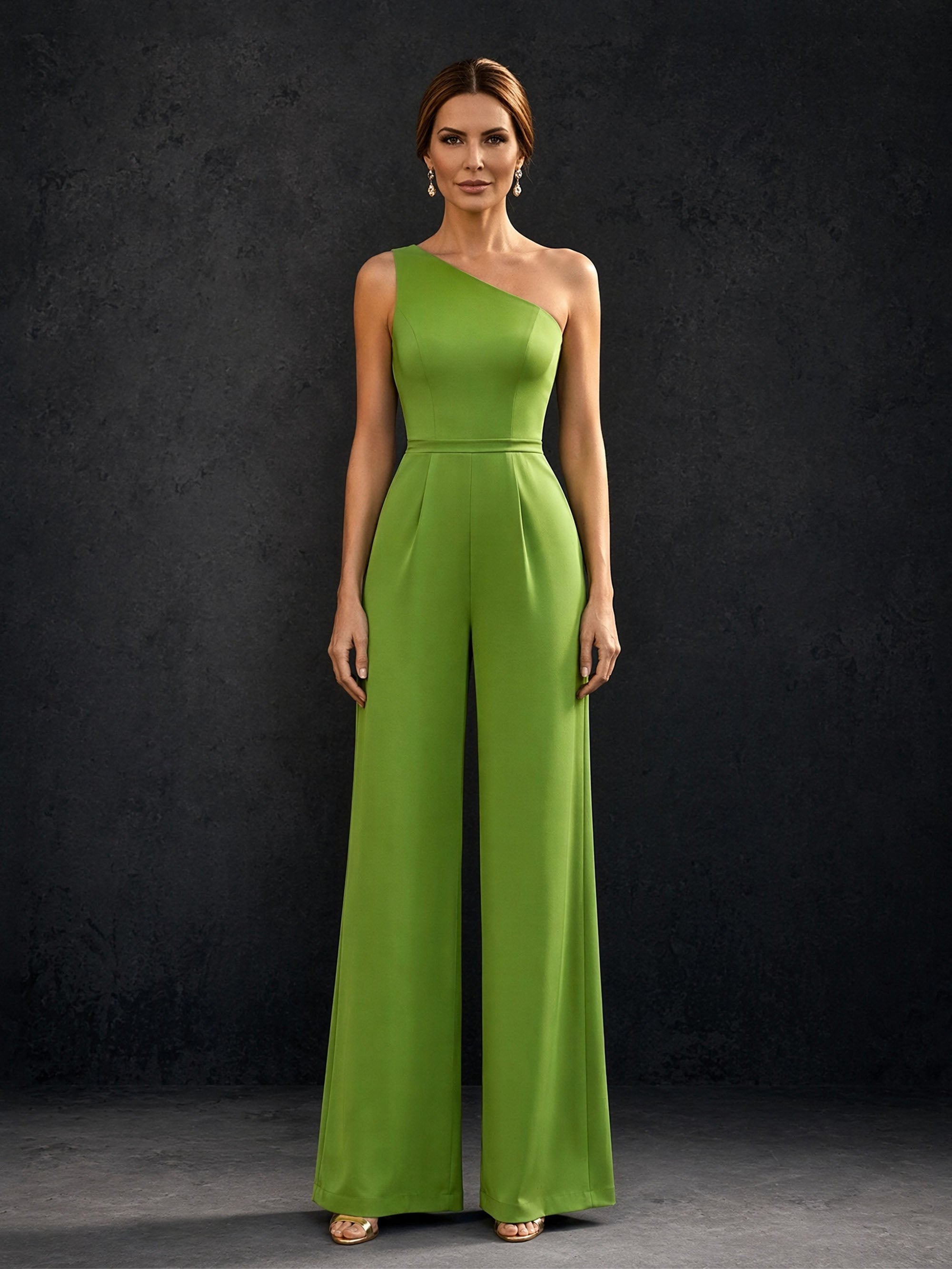 BOLODOO BD0373 olive green one-shoulder wide-leg satin jumpsuit - front full-length view showing asymmetric strap, self-belt and palazzo trousers
