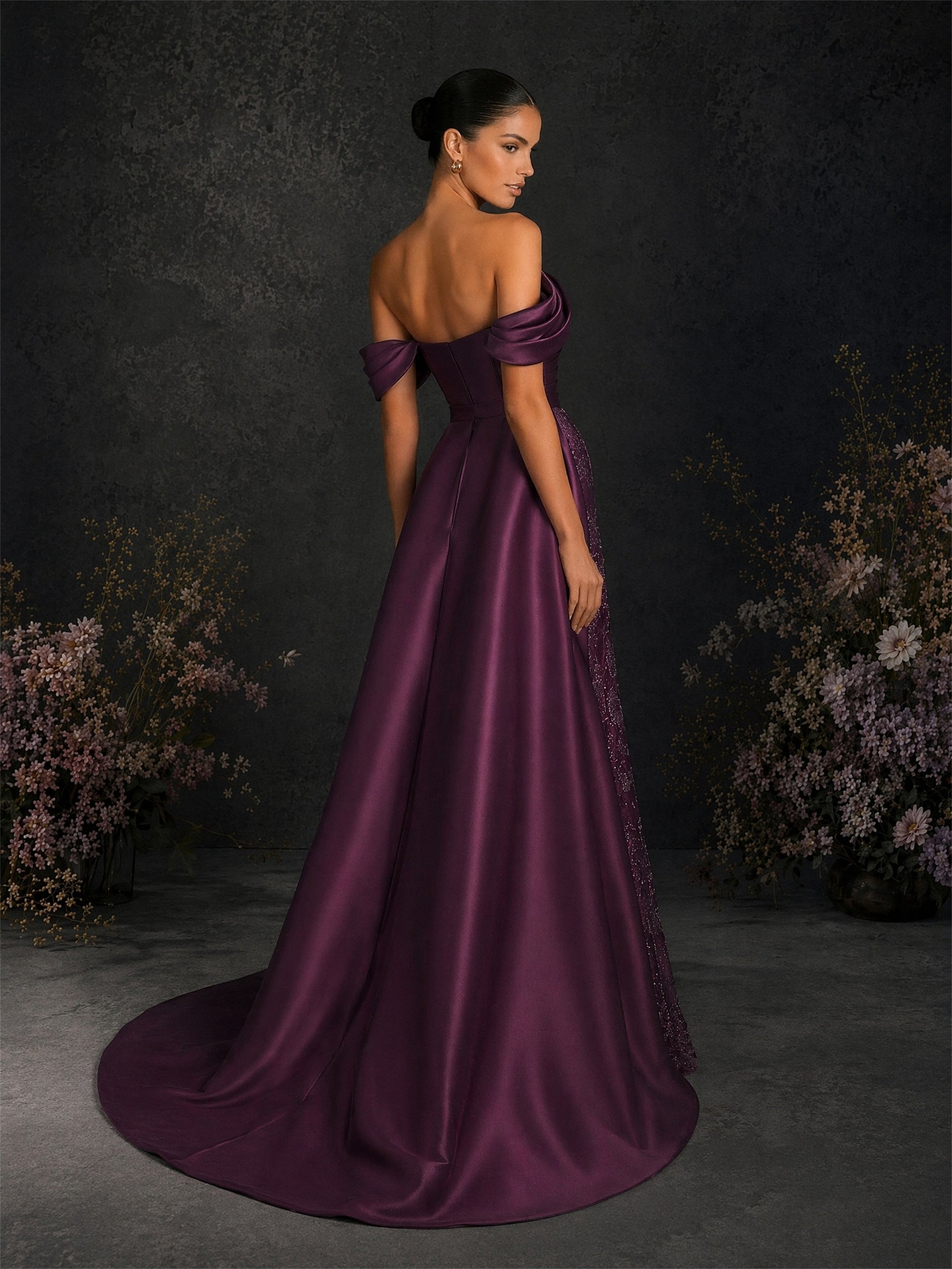 BOLODOO BD0374 deep purple off-shoulder gown - front close-up showing ruched satin bodice, off-shoulder drape and sequin lace skirt detail