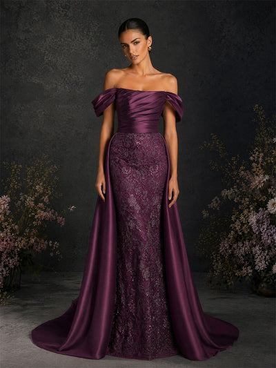 BOLODOO BD0374 deep purple off-shoulder mermaid gown with detachable satin overskirt - front full-length view showing ruched bodice and sequin lace skirt
