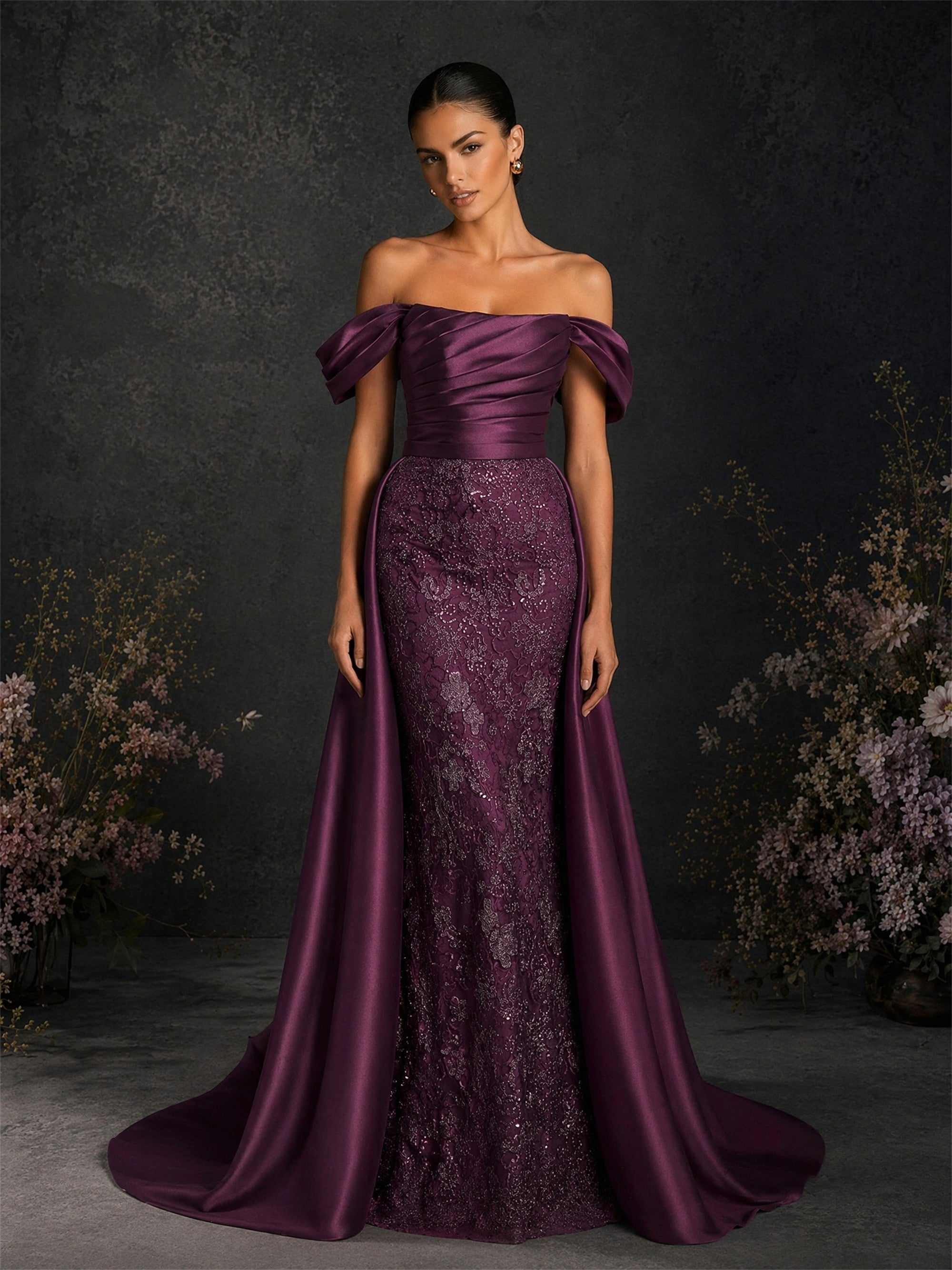 BOLODOO BD0374 deep purple off-shoulder mermaid gown with detachable satin overskirt - front full-length view showing ruched bodice and sequin lace skirt