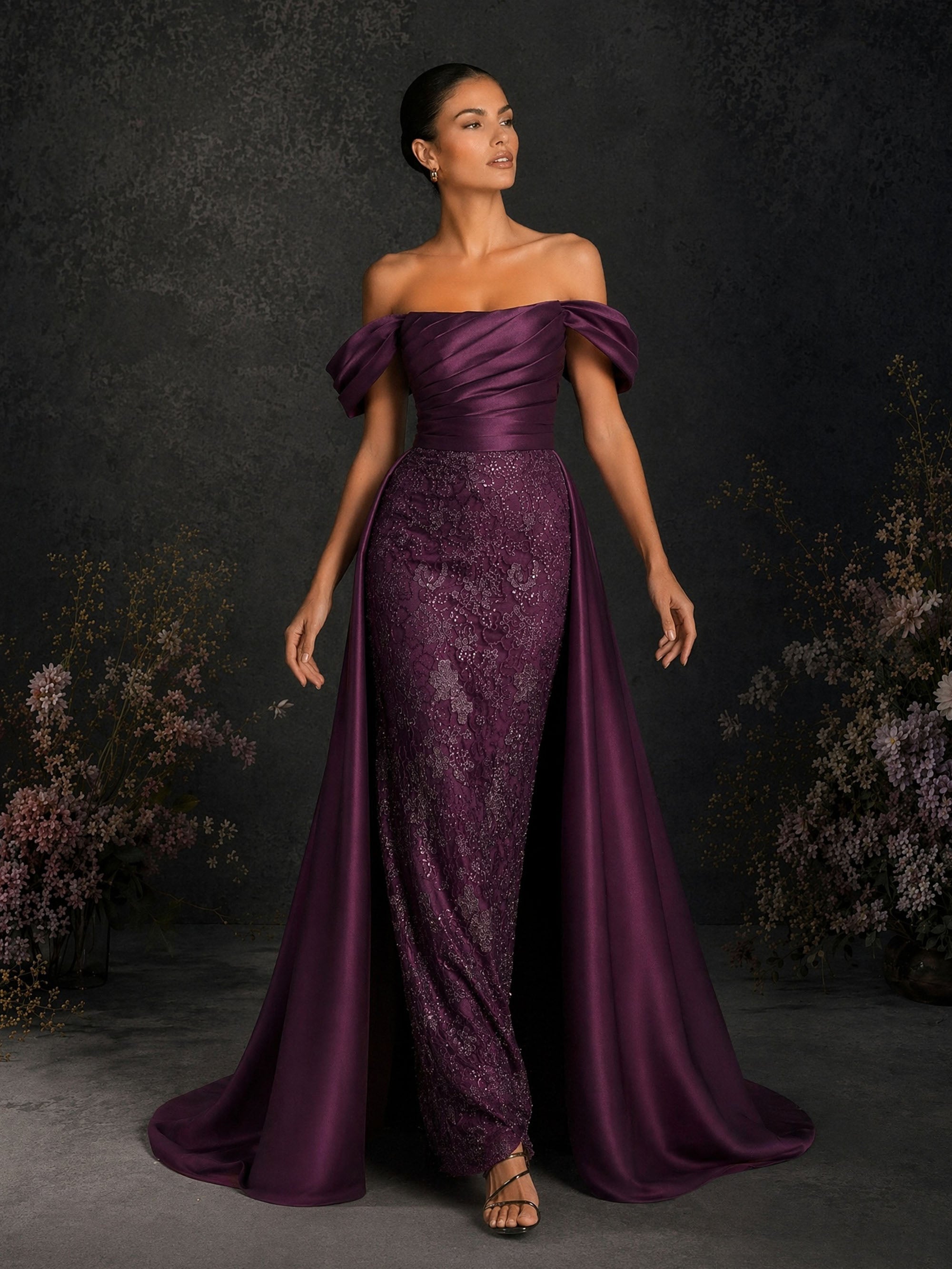 BOLODOO BD0374 deep purple sequin lace mermaid gown - front view with overskirt train flowing to the side, showing full silhouette