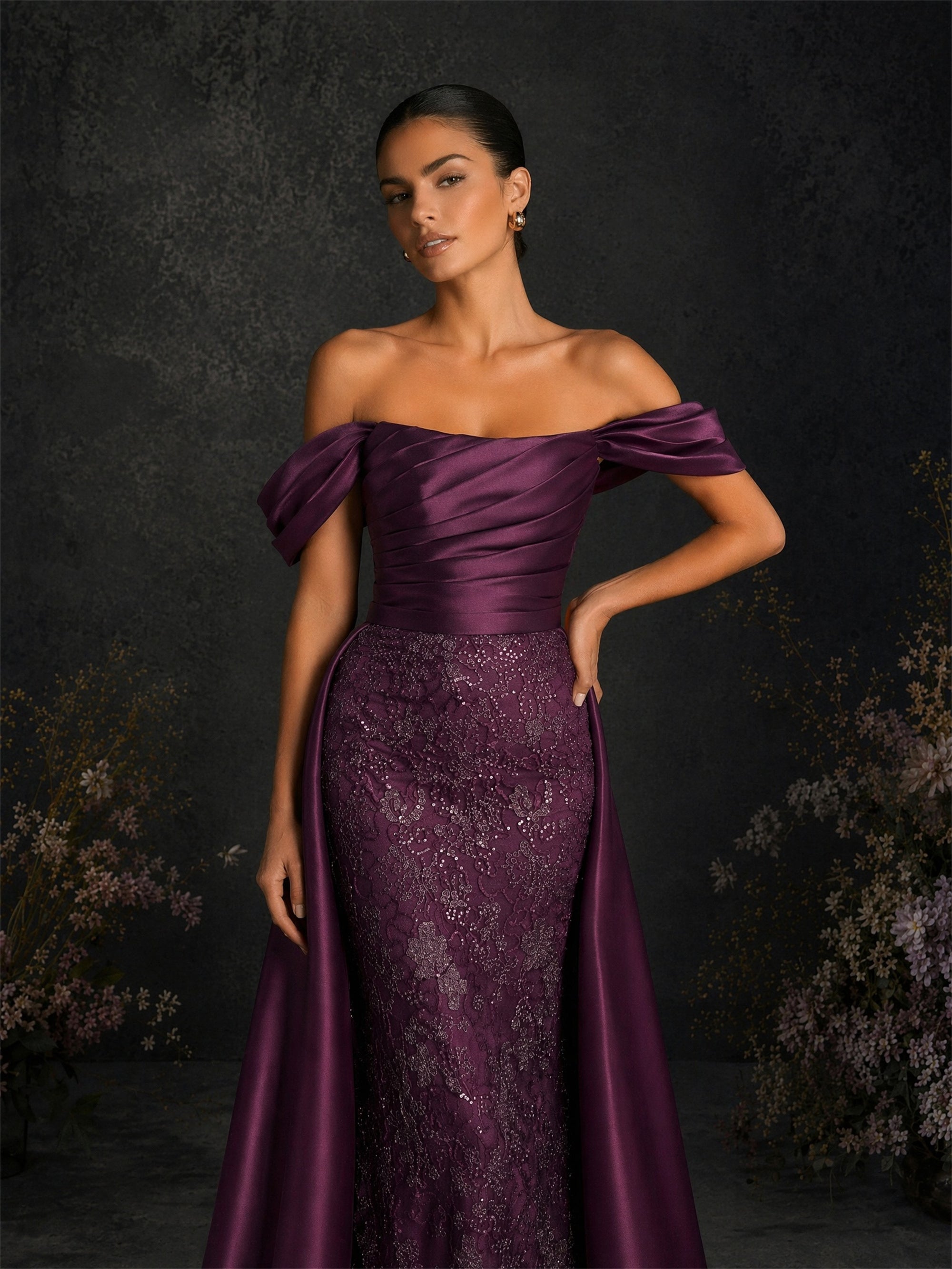BOLODOO BD0374 deep purple mermaid gown - back view showing open backless design, off-shoulder drape and sweeping satin overskirt train