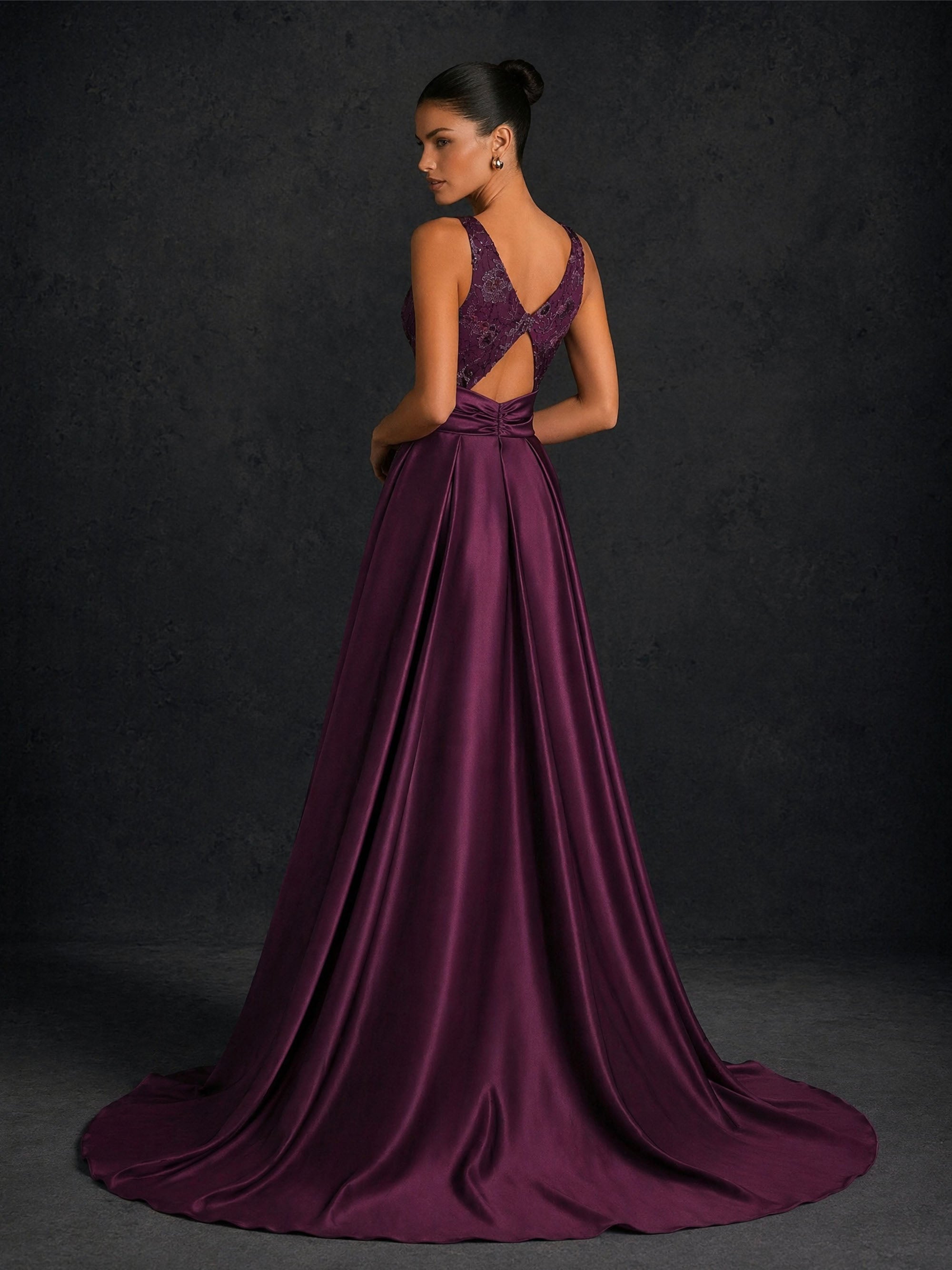 BOLODOO BD0374 deep purple V-neck bow-waist sequin lace mermaid gown - front full-length view with detachable satin overskirt and oversized bow detail