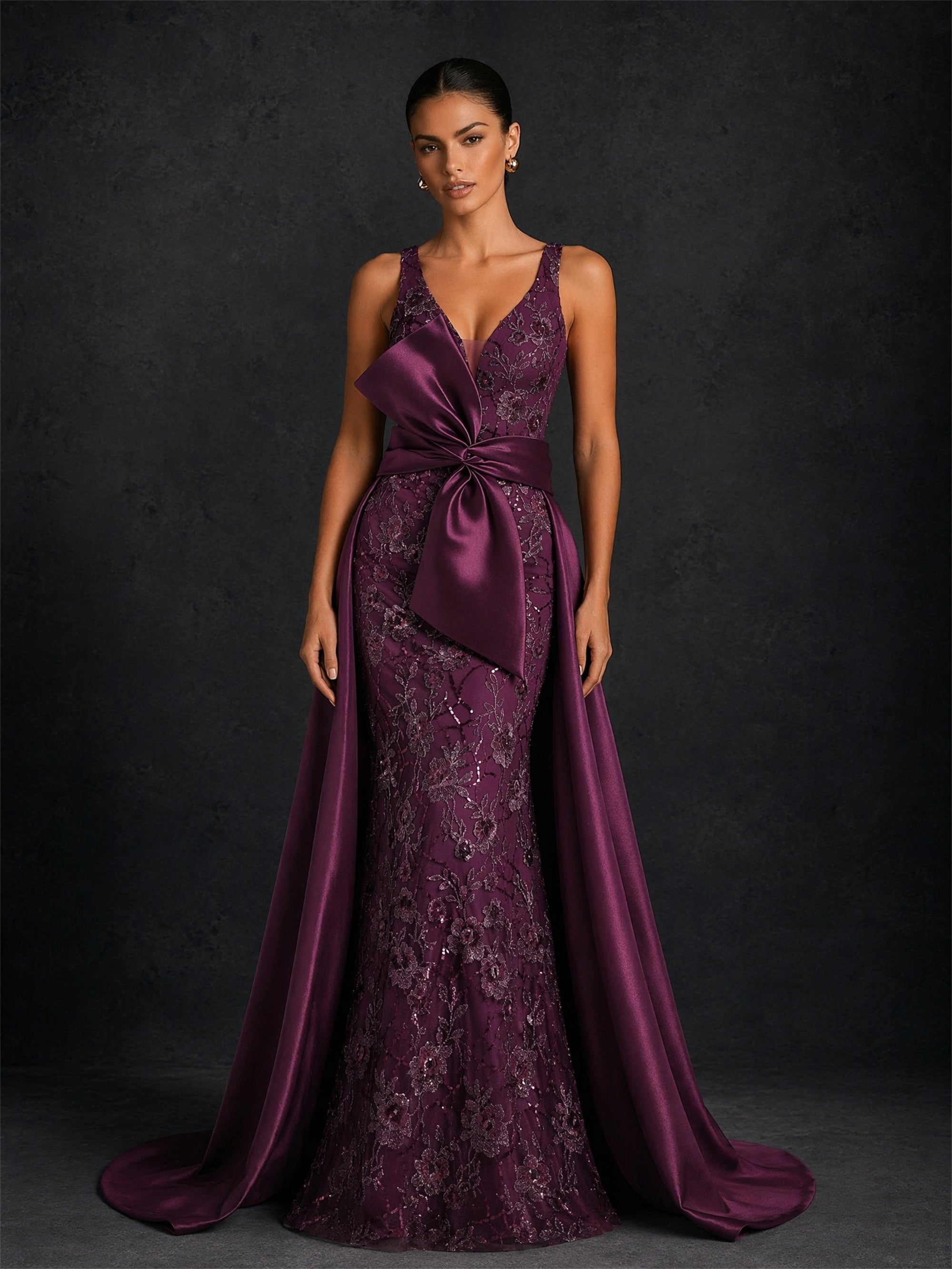 BOLODOO BD0374 deep purple bow-waist mermaid gown - front full-length view showing fitted silhouette and sweeping satin overskirt train