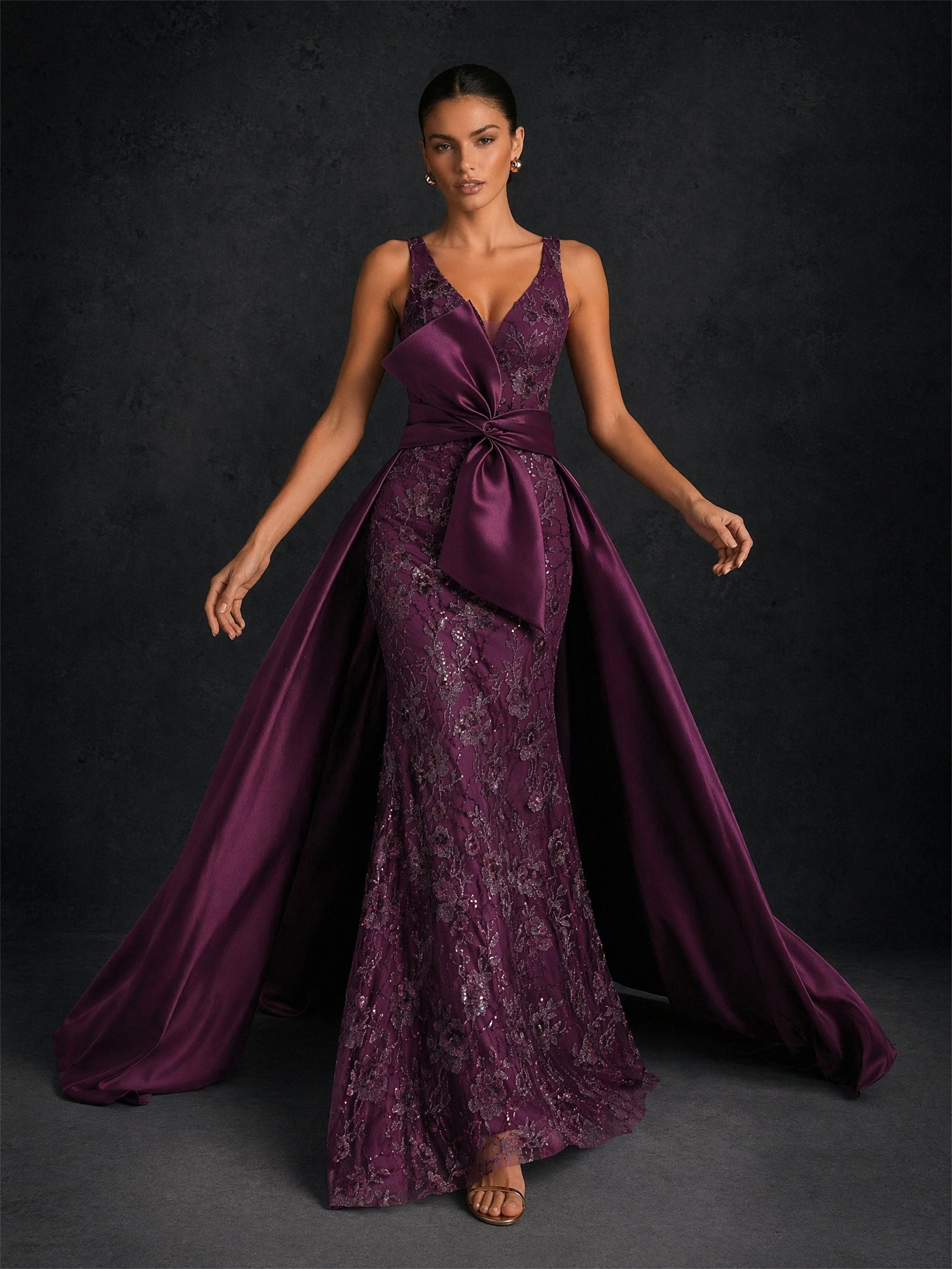 BOLODOO BD0374 deep purple V-neck mermaid gown - back view showing open keyhole back, wide straps and sweeping satin overskirt cathedral train