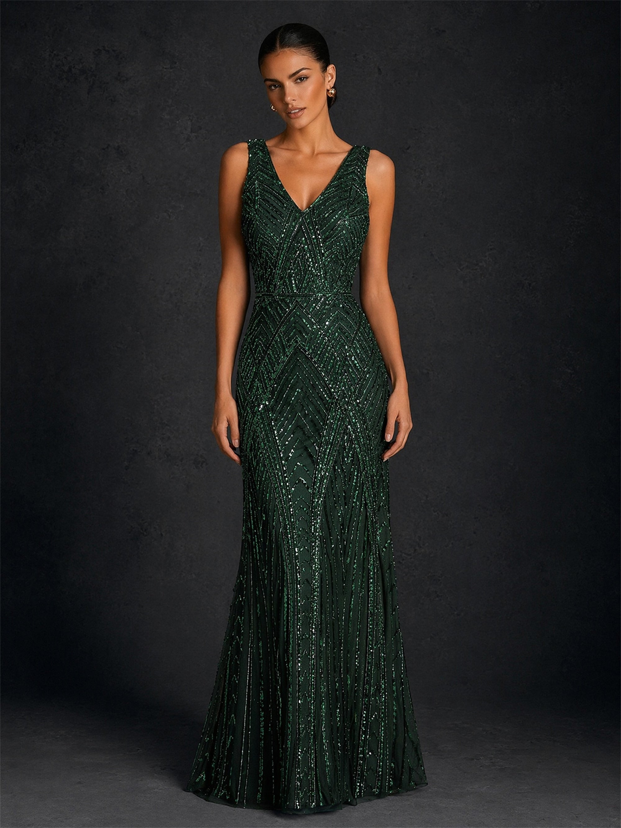BOLODOO BD0376 emerald green sequin mermaid gown - back view without cape showing V-shaped open back cutout and geometric sequin embroidery