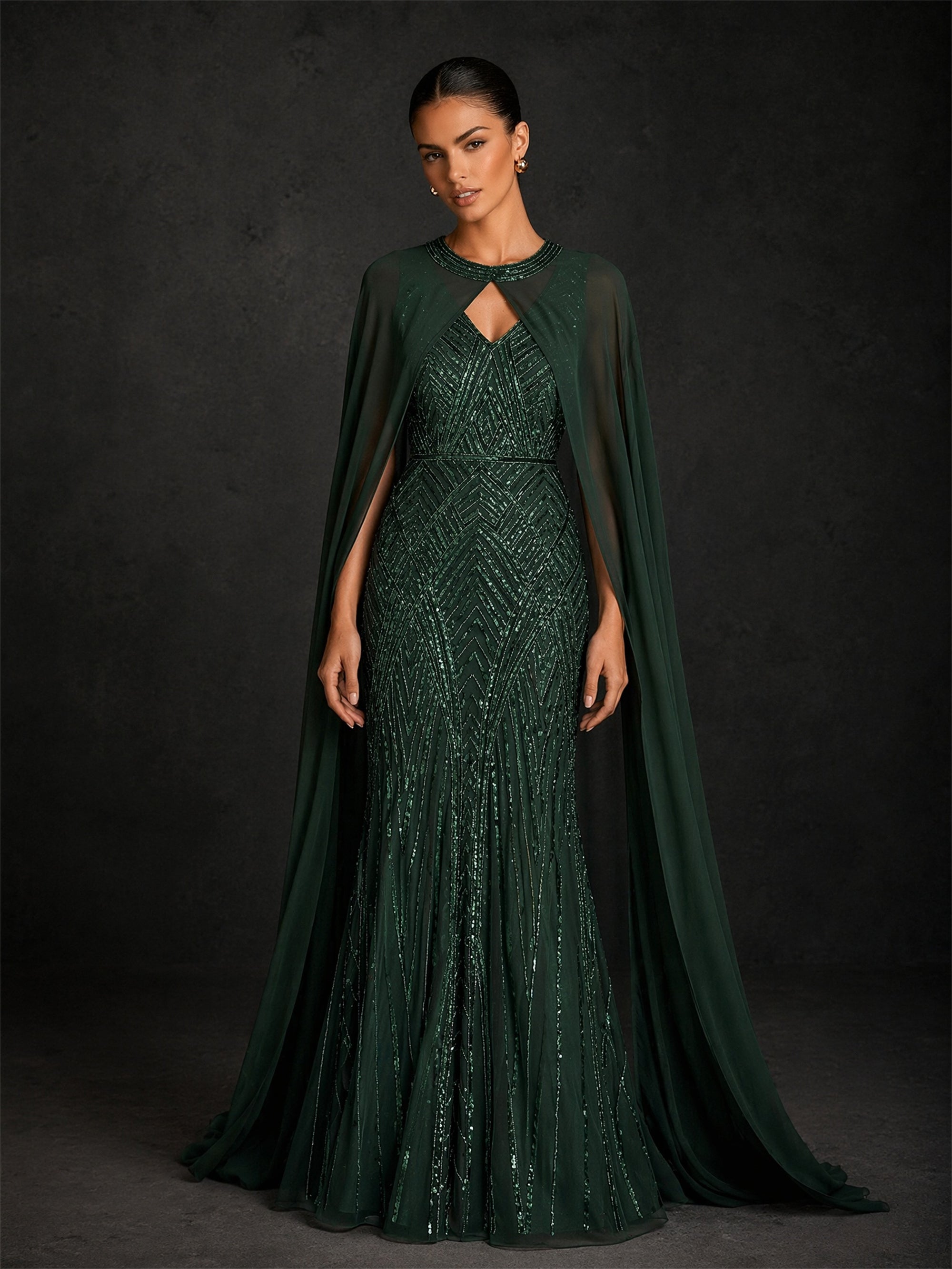BOLODOO BD0376 emerald green sequin mermaid gown with chiffon cape - front full-length view showing fitted silhouette and Art Deco geometric beading