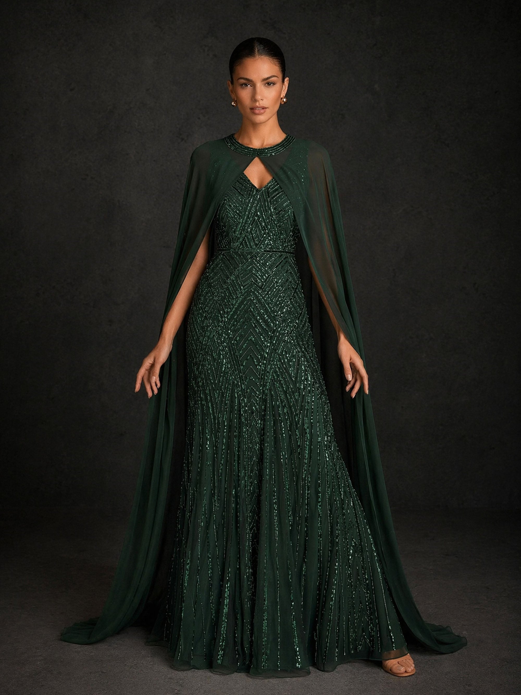 BOLODOO BD0376 emerald green geometric sequin gown with cape - front full-length view with cape draped open showing mermaid silhouette