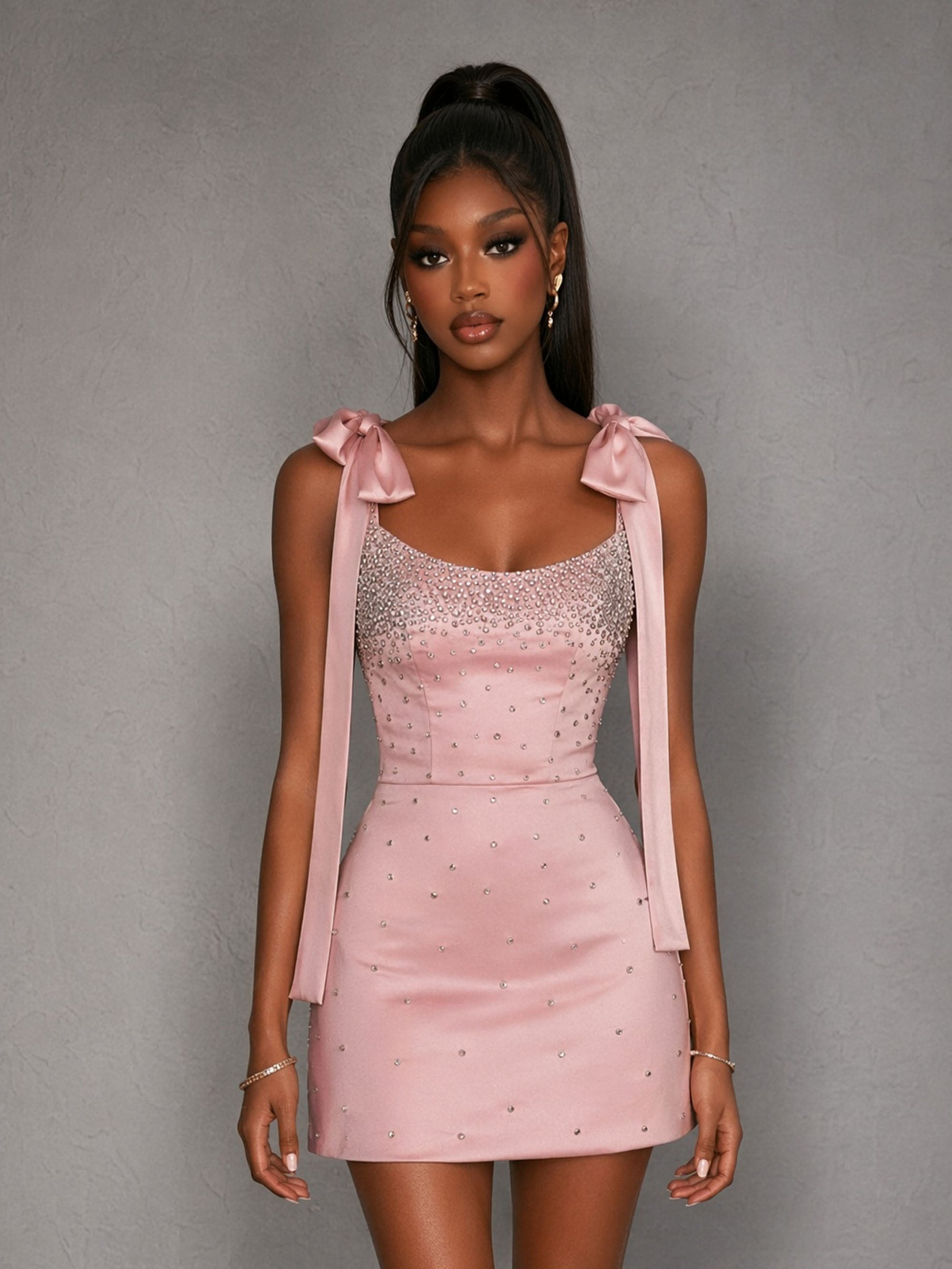 BOLODOO Pink Rhinestone Bow-Tie Strap Mini Dress – Scoop Neck Lace-Up Back Satin 