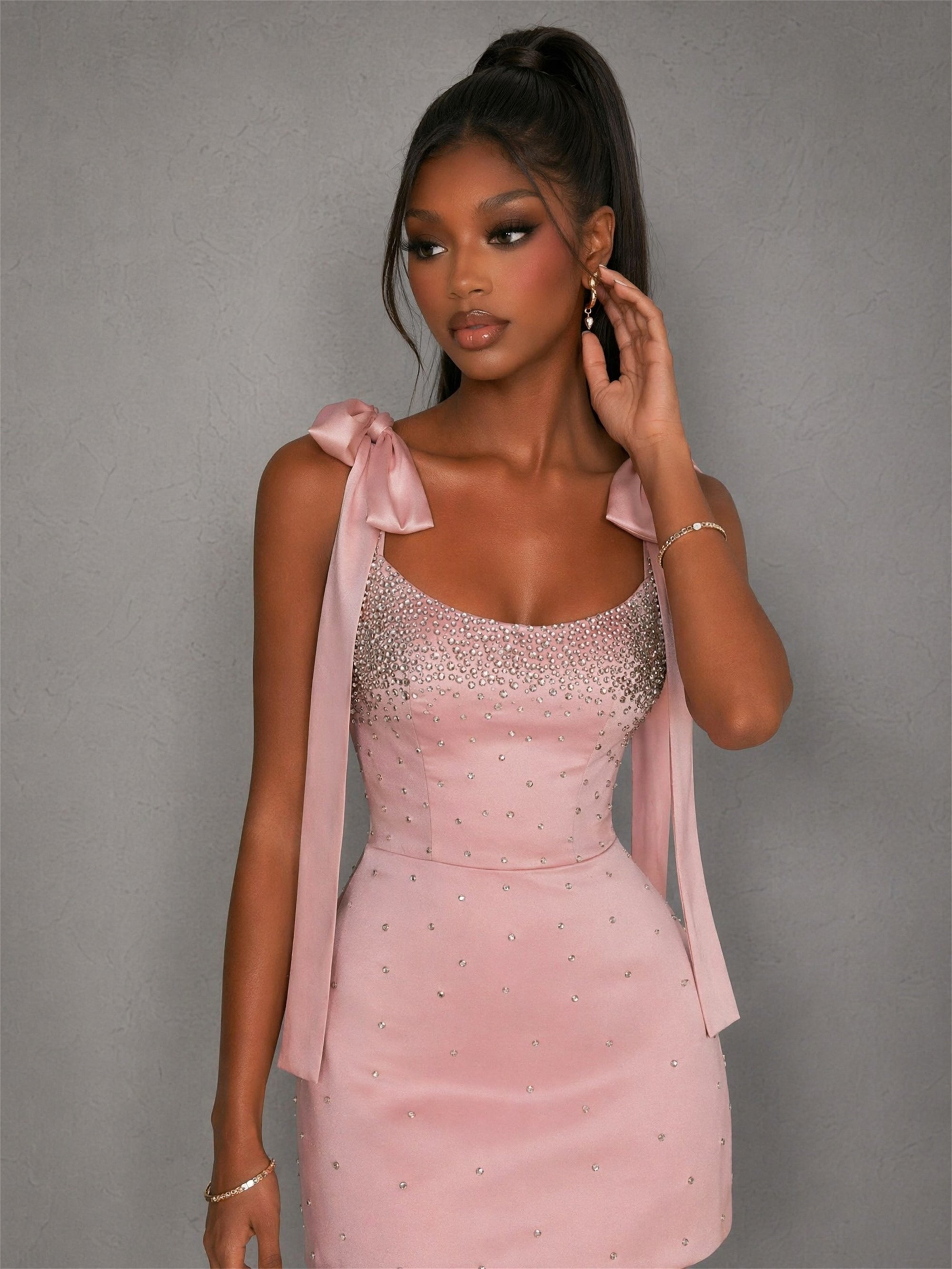 BOLODOO Pink Rhinestone Bow-Tie Strap Mini Dress – Scoop Neck Lace-Up Back Satin 