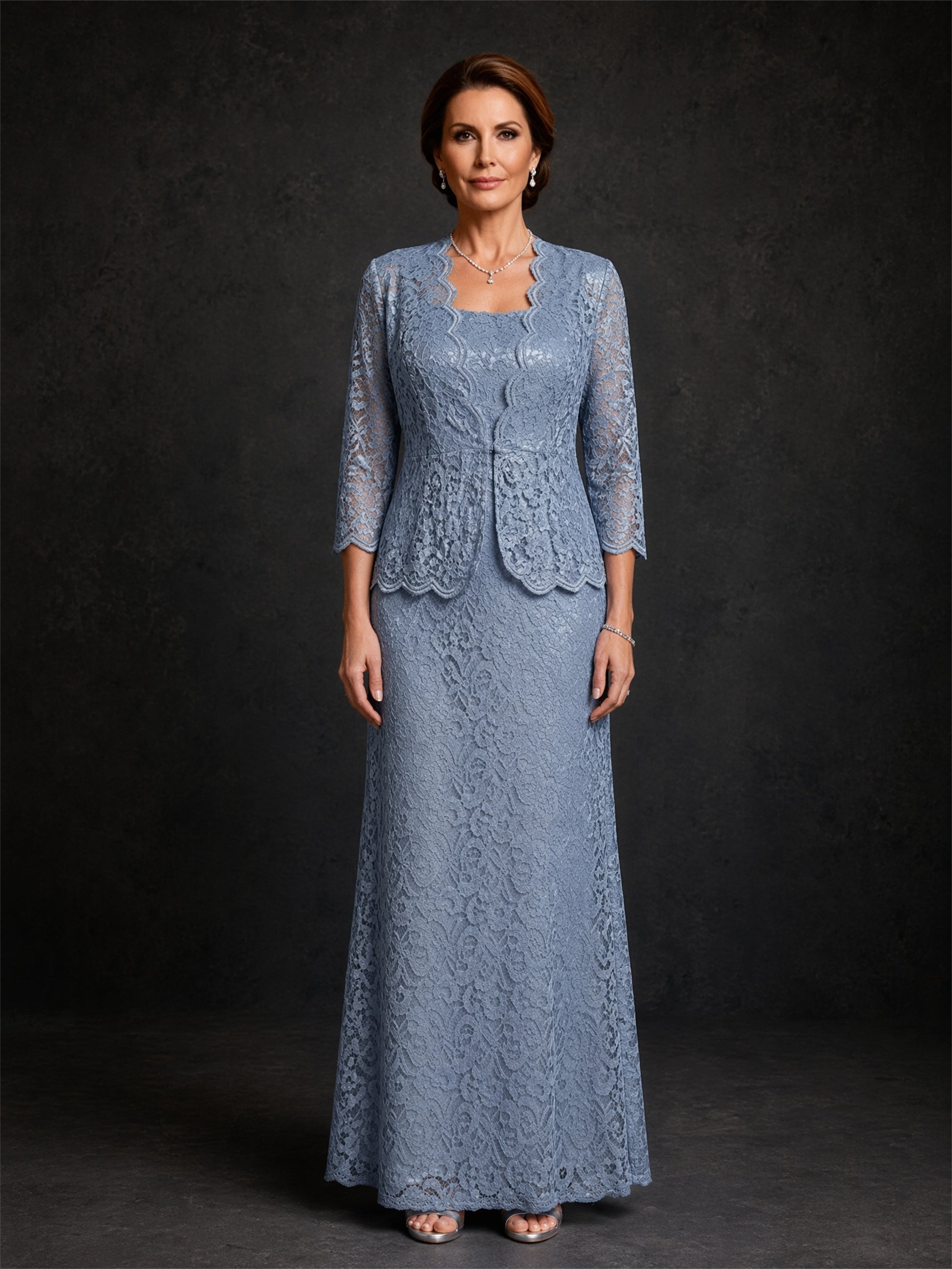 BOLODOO Dusty Blue Lace Two-Piece Mother of the Bride Dress – 3/4 Sleeve Jacket Floor Length Gown 