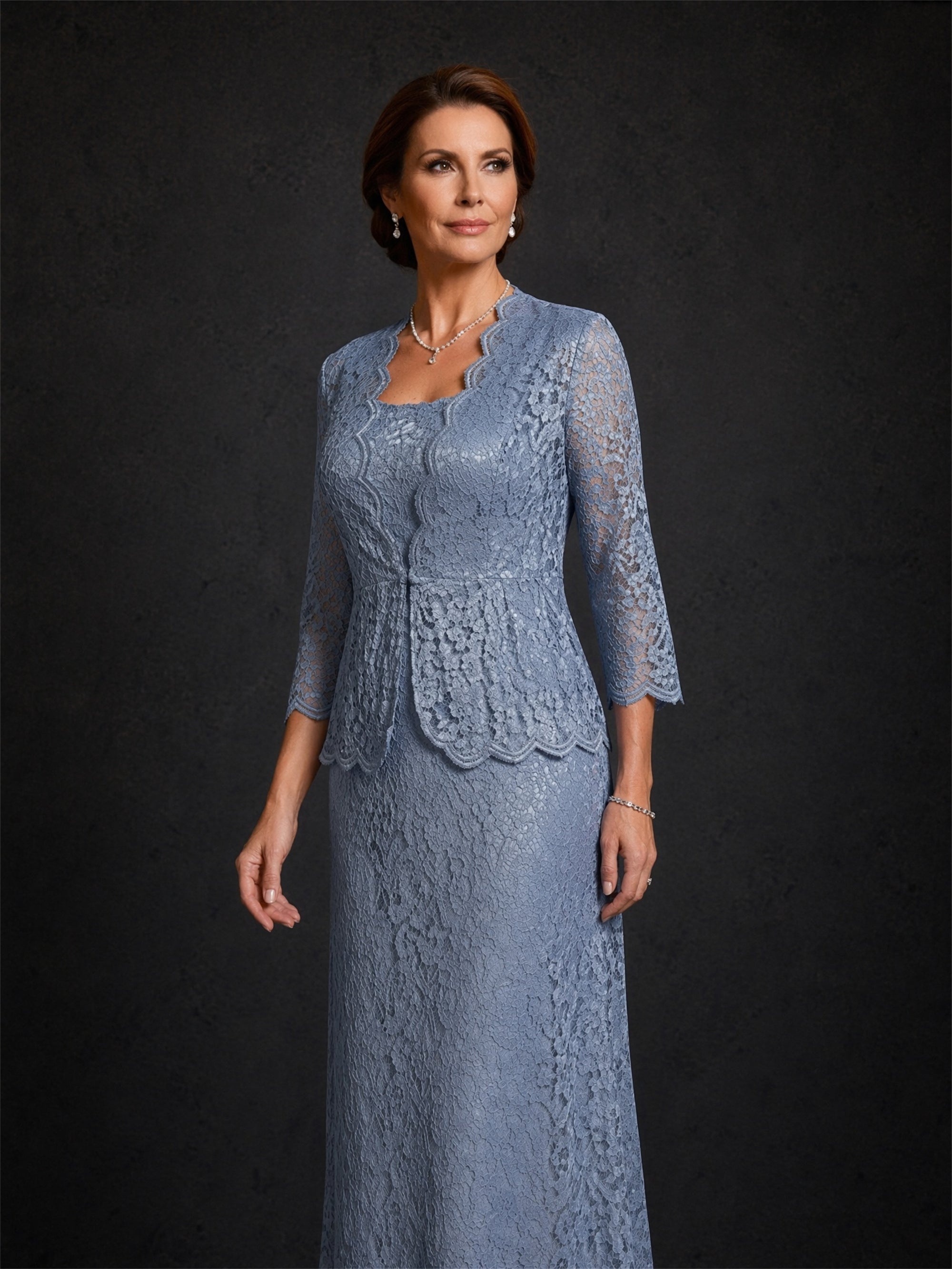 BOLODOO Dusty Blue Lace Two-Piece Mother of the Bride Dress – 3/4 Sleeve Jacket Floor Length Gown 