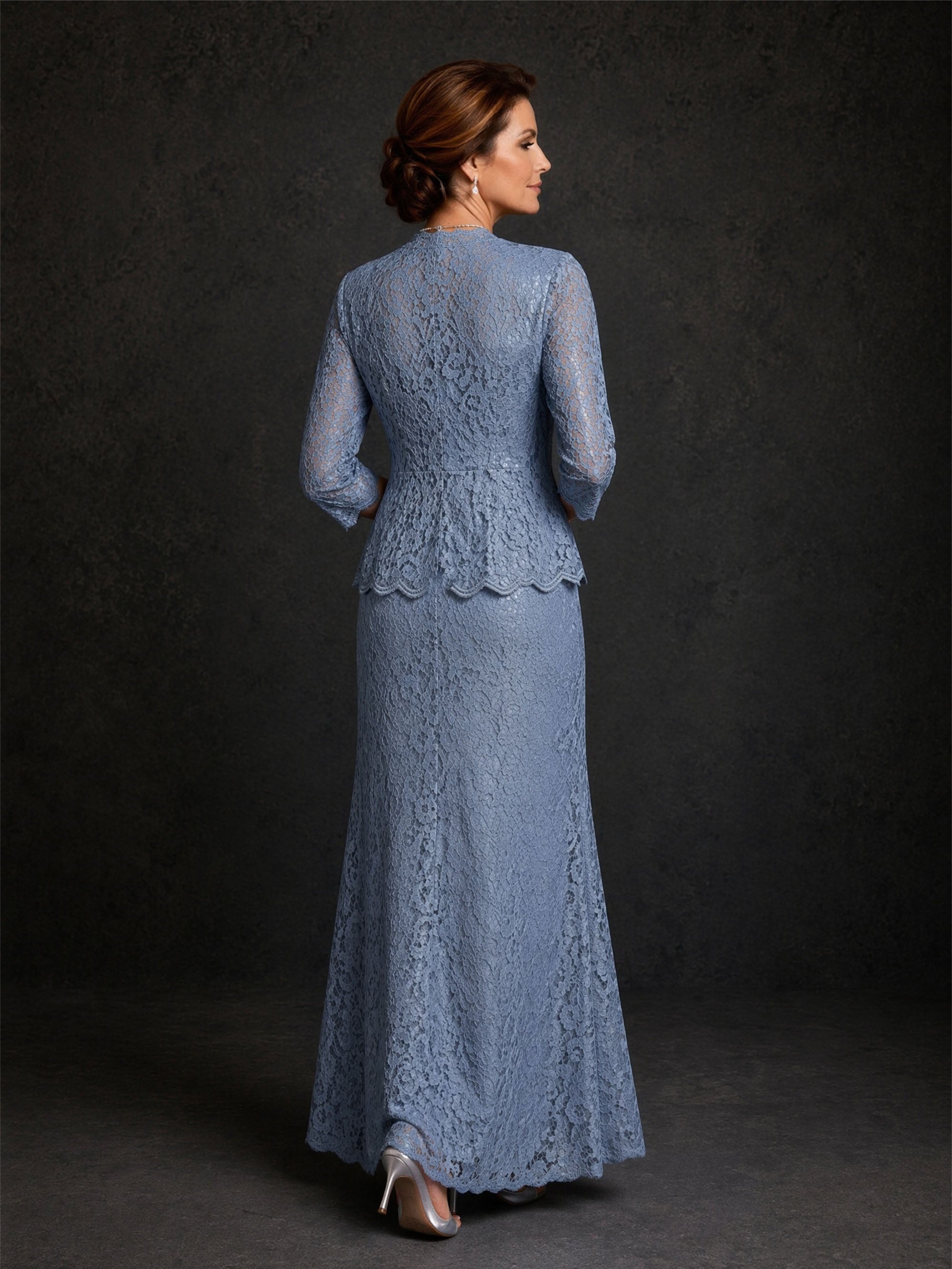 BOLODOO Dusty Blue Lace Two-Piece Mother of the Bride Dress – 3/4 Sleeve Jacket Floor Length Gown 