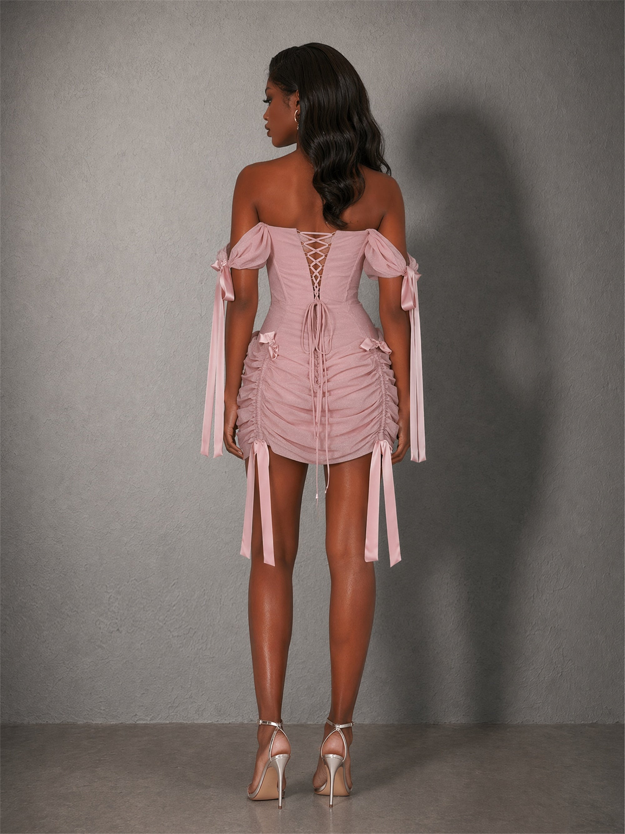 BOLODOO Blush Pink Mesh Corset Off-Shoulder Mini Dress – Puff Sleeve Ribbon Bow Ruched Lace-Up Back 