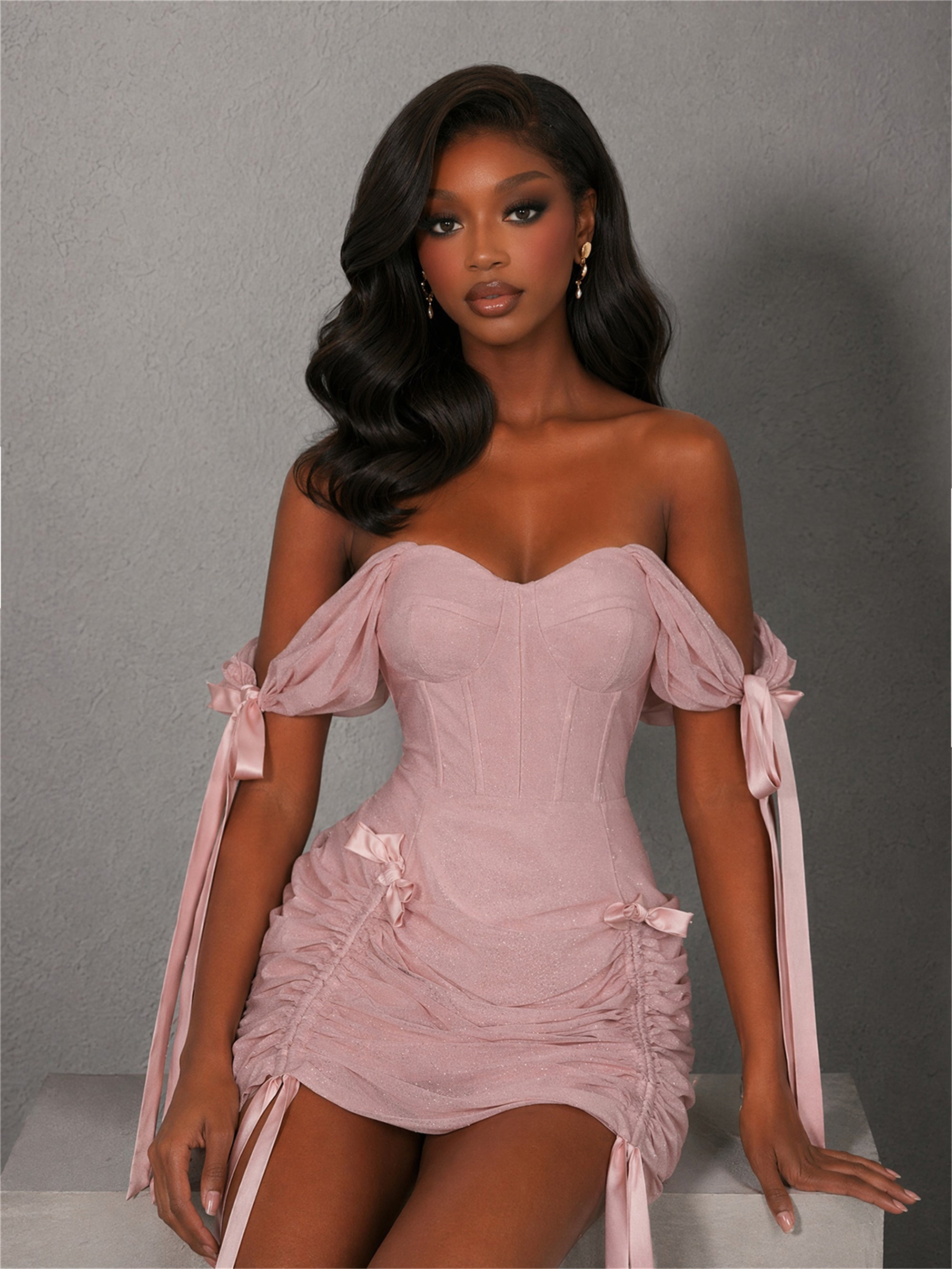 BOLODOO Blush Pink Mesh Corset Off-Shoulder Mini Dress – Puff Sleeve Ribbon Bow Ruched Lace-Up Back 