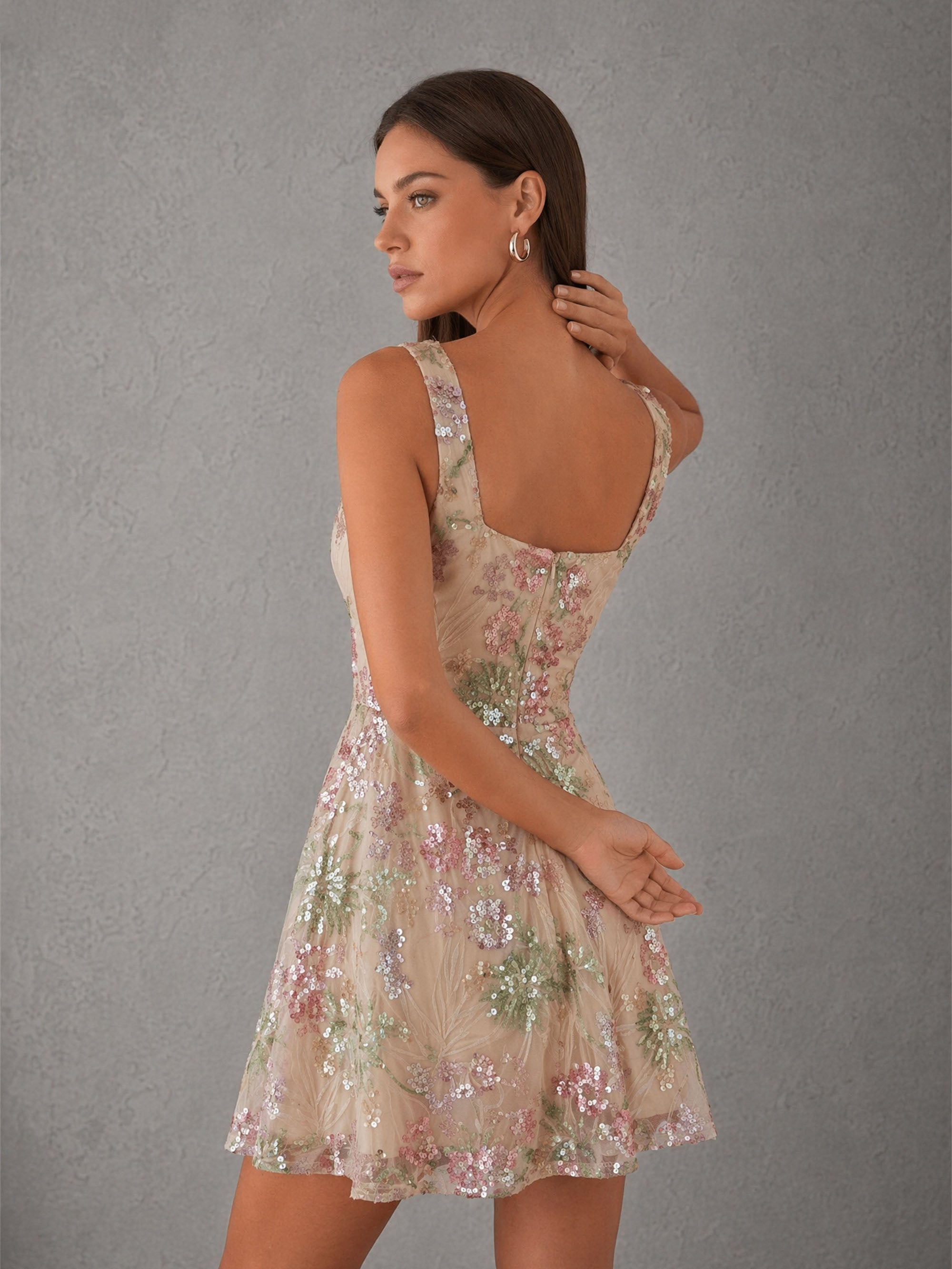 BOLODOO Champagne Floral Sequin Embroidered A-Line Mini Dress – Square Neck Wide Strap Open Back 