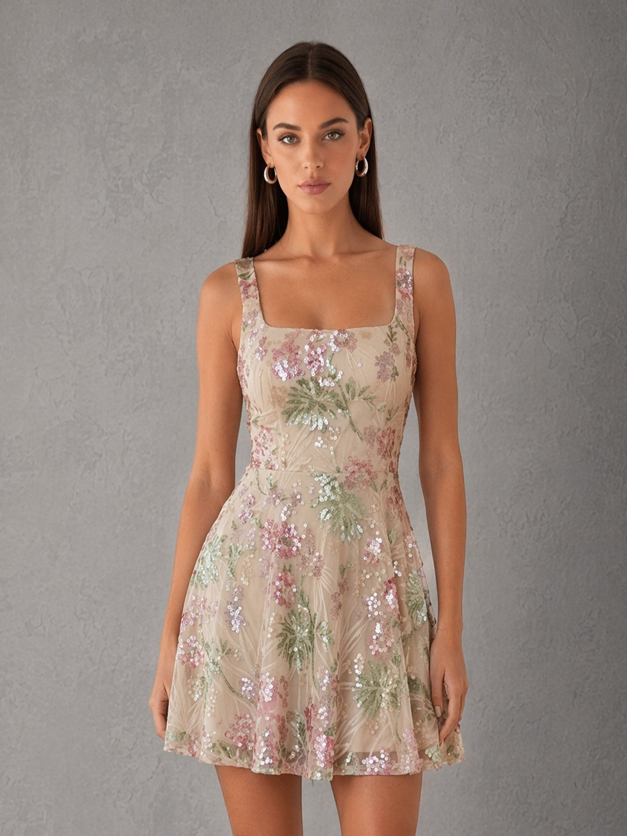 BOLODOO Champagne Floral Sequin Embroidered A-Line Mini Dress – Square Neck Wide Strap Open Back 