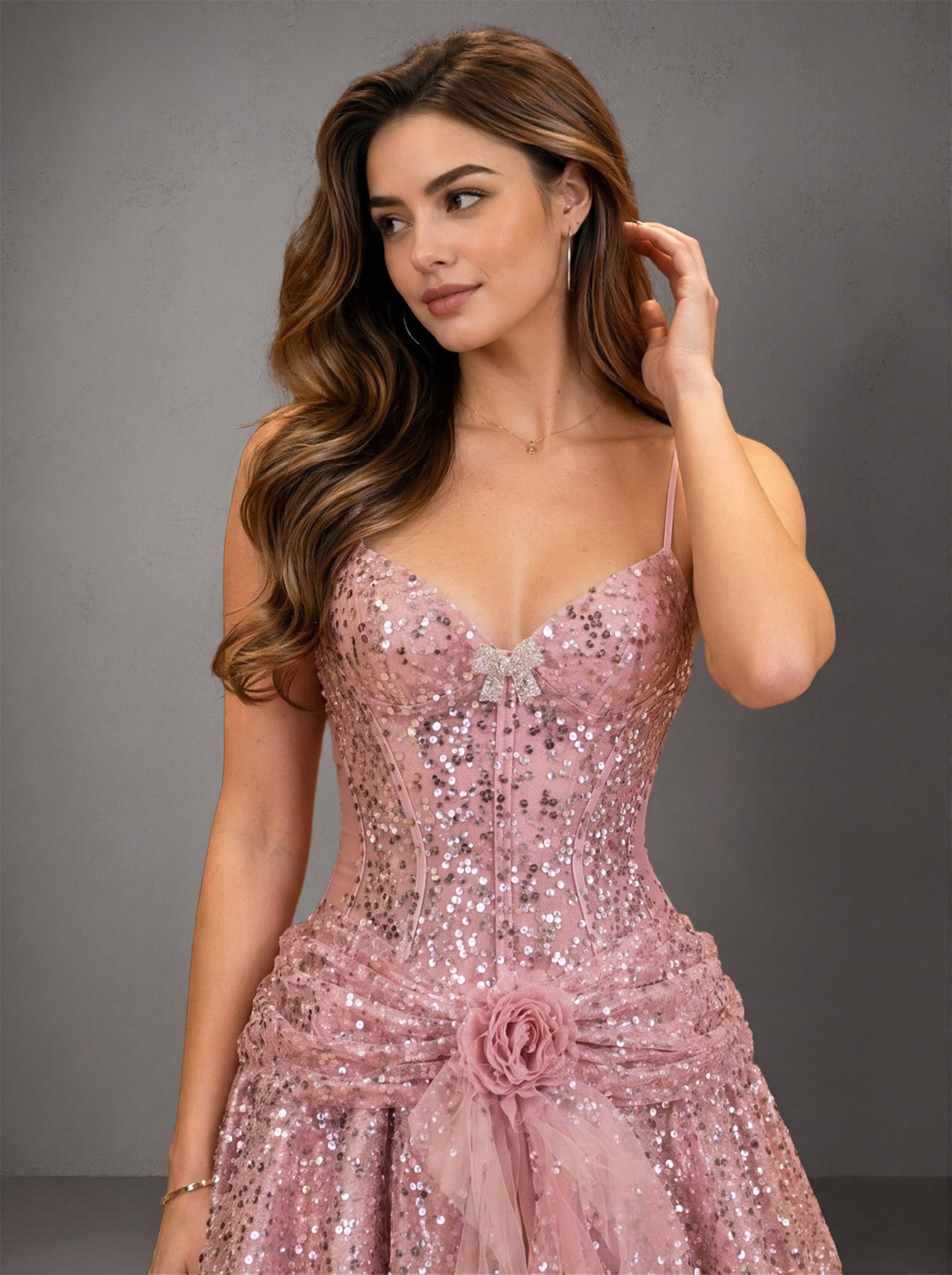BOLODOO Rose Pink Sequin Corset Mini Dress – Spaghetti Strap 3D Rosette Ruffle Skirt Open Back 
