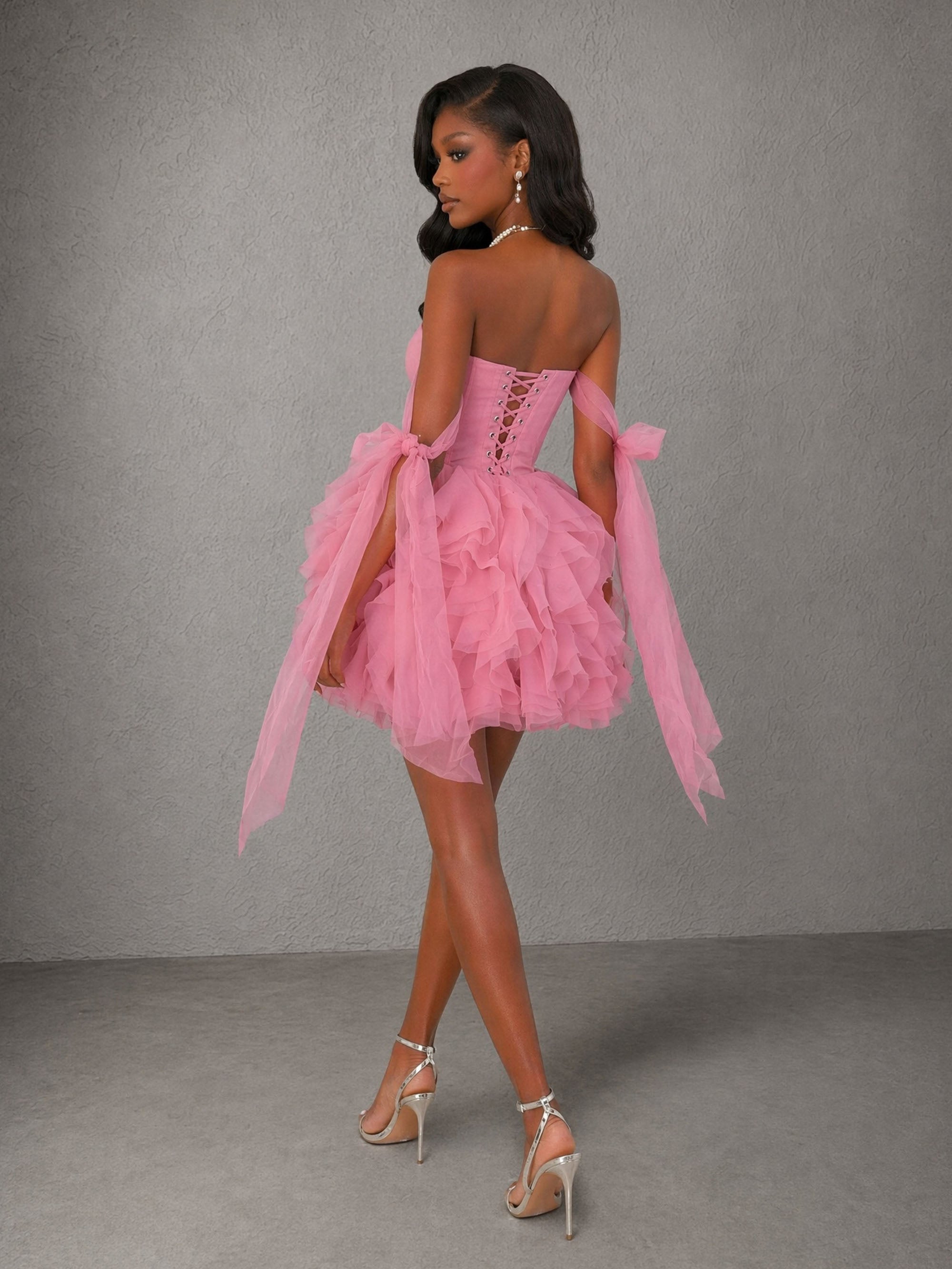 BOLODOO Pink Tulle Corset Mini Dress – Strapless 3D Rose Tiered Ruffle Skirt Lace-Up Back 