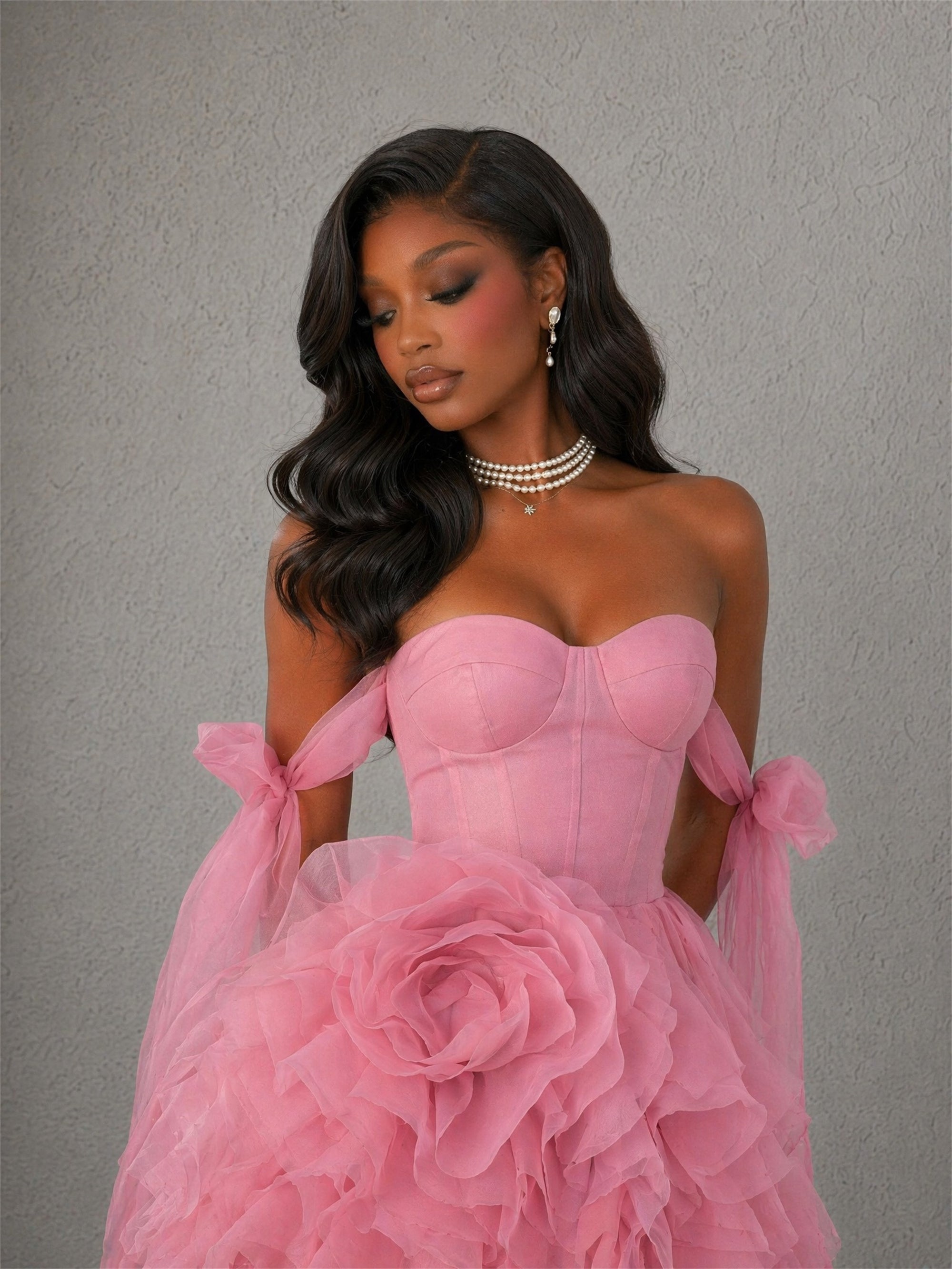 BOLODOO Pink Tulle Corset Mini Dress – Strapless 3D Rose Tiered Ruffle Skirt Lace-Up Back 