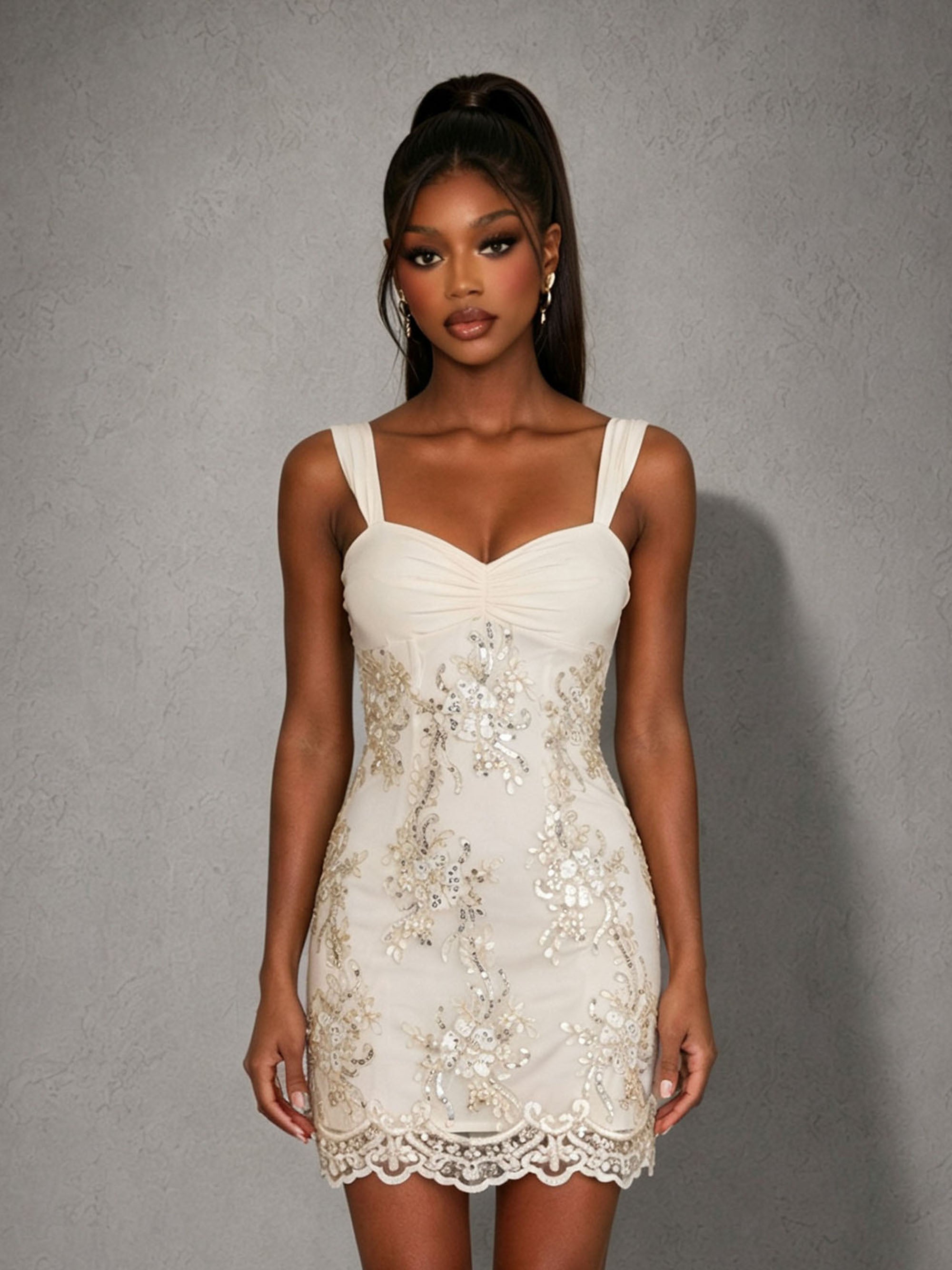 BOLODOO Ivory Floral Sequin Embroidered Bodycon Mini Dress – Sweetheart Wide Strap Scallop Lace Hem Low Back 