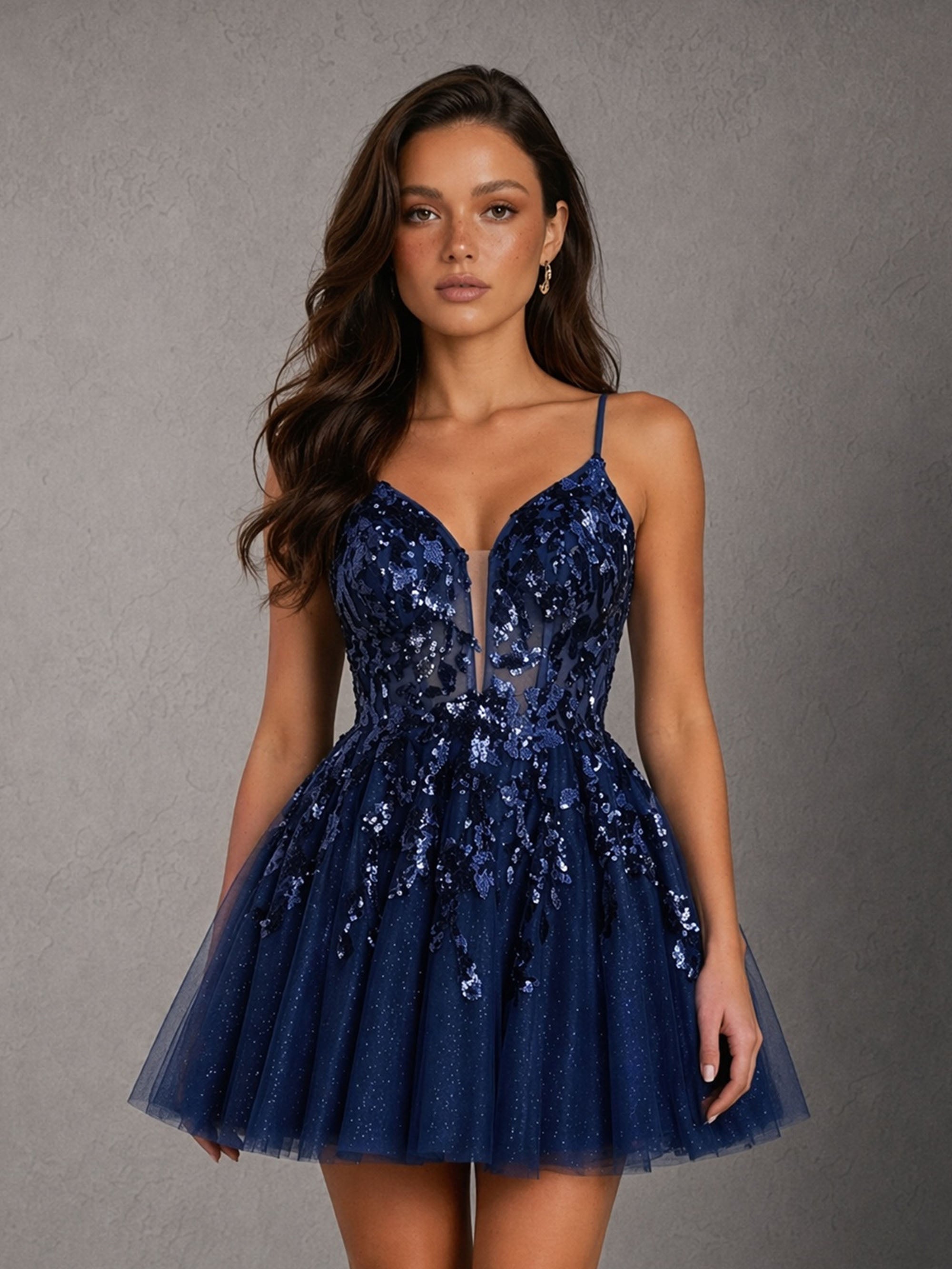 BOLODOO Navy Blue Sequin Embroidered A-Line Tulle Mini Dress – Deep V-Neck Spaghetti Strap Lace-Up Open Back 